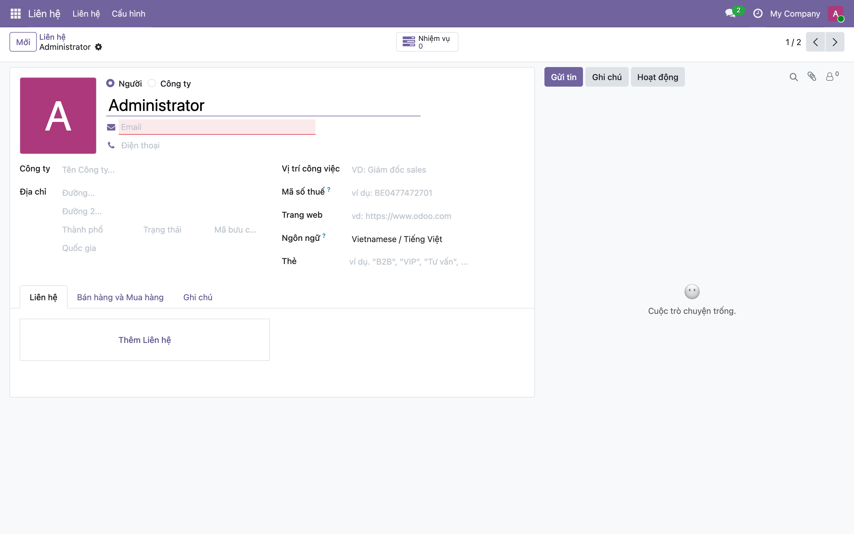 Biểu mẫu một liên hệ trong Odoo với breadcrumb Liên hệ / Administrator ở góc trên trái và pager 1/2