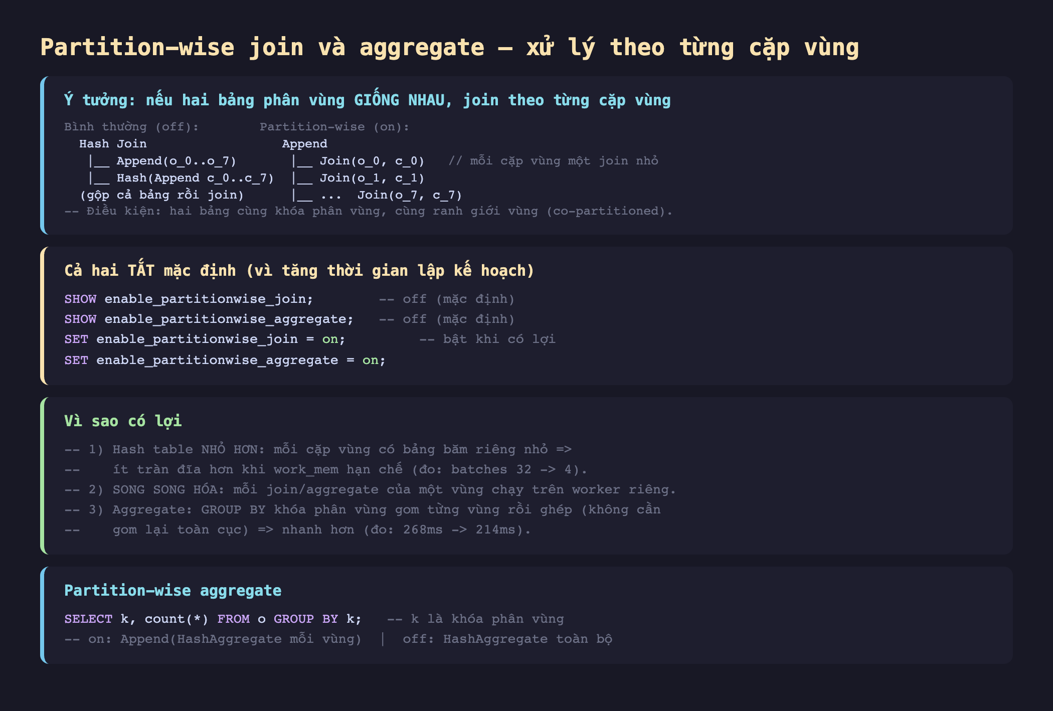 Ảnh chụp đoạn mã SQL nền tối minh hoạ partition-wise join và aggregate xử lý theo từng cặp vùng, ý tưởng nếu hai bảng phân vùng giống nhau join theo từng cặp vùng bình thường off Hash Join Append o_0 đến o_7 Hash Append c_0 đến c_7 gộp cả bảng rồi join partition-wise on Append Join o_0 c_0 mỗi cặp vùng một join nhỏ Join o_1 c_1 Join o_7 c_7 điều kiện hai bảng cùng khóa phân vùng cùng ranh giới vùng co-partitioned, cả hai tắt mặc định vì tăng thời gian lập kế hoạch SHOW enable_partitionwise_join off mặc định SHOW enable_partitionwise_aggregate off mặc định SET enable_partitionwise_join on bật khi có lợi SET enable_partitionwise_aggregate on, vì sao có lợi 1 hash table nhỏ hơn mỗi cặp vùng có bảng băm riêng nhỏ ít tràn đĩa hơn khi work_mem hạn chế đo batches 32 xuống 4 2 song song hóa mỗi join aggregate của một vùng chạy trên worker riêng 3 aggregate GROUP BY khóa phân vùng gom từng vùng rồi ghép không cần gom lại toàn cục nhanh hơn đo 268ms xuống 214ms, partition-wise aggregate SELECT k count từ o GROUP BY k k là khóa phân vùng on Append HashAggregate mỗi vùng off HashAggregate toàn bộ