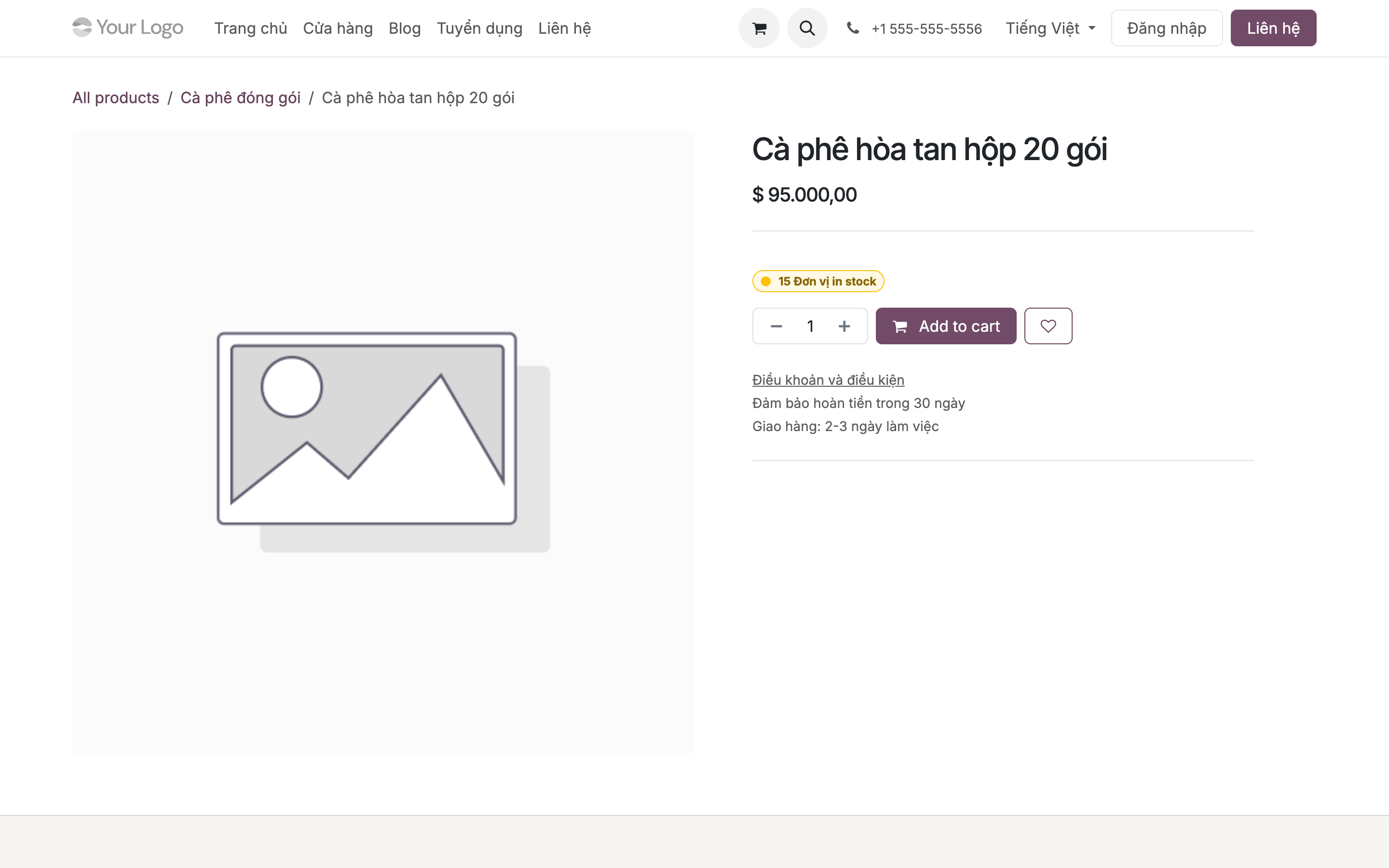 Trang sản phẩm Cà phê hòa tan hộp 20 gói trên cửa hàng, dưới giá 95.000 có nhãn 15 Đơn vị in stock màu vàng, rồi tới nút Add to cart