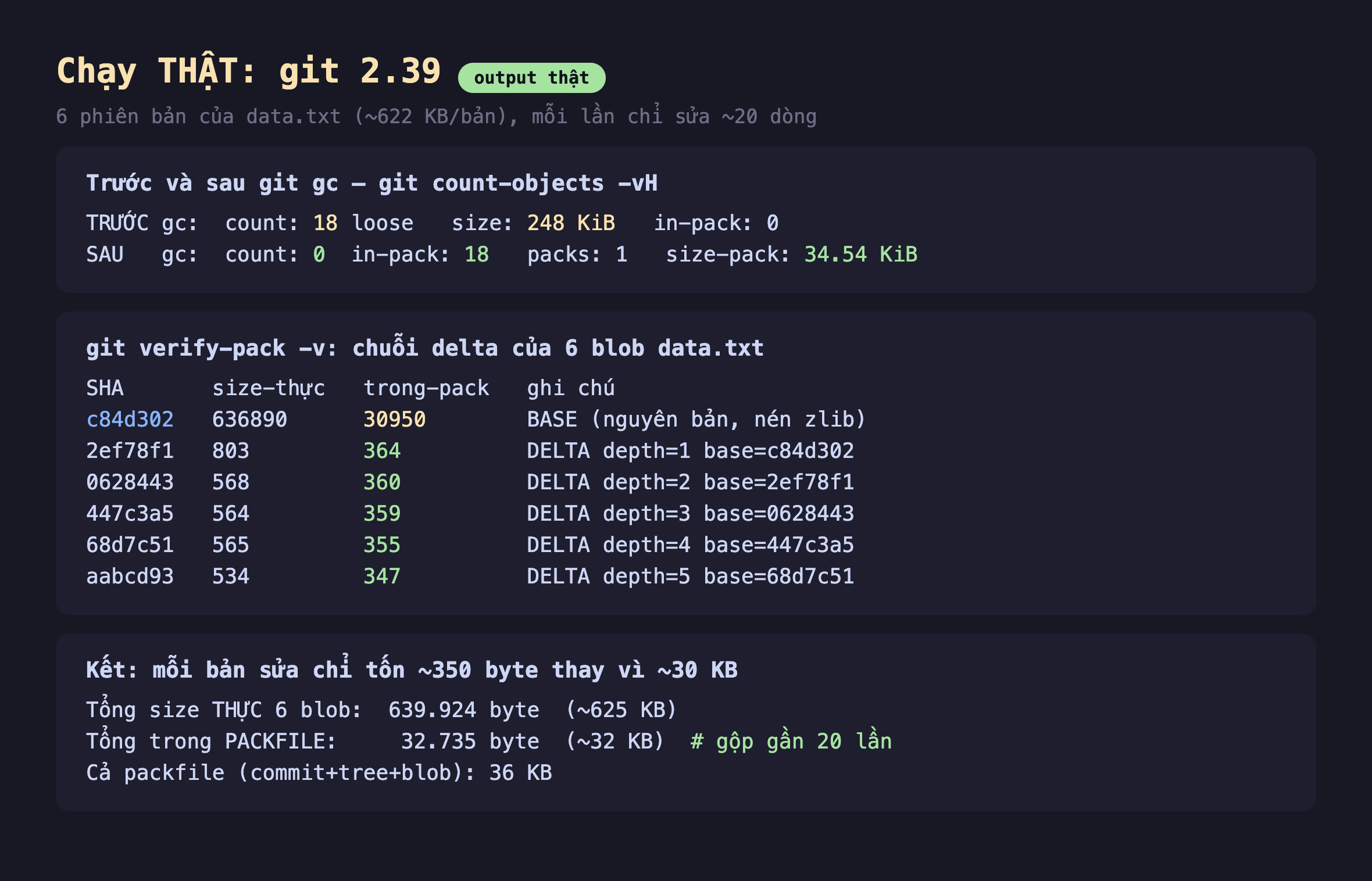 Ảnh chụp bảng kết quả đo thật nền tối chạy git 2.39, sáu phiên bản của data.txt khoảng 622KB mỗi bản mỗi lần chỉ sửa 20 dòng, trước và sau git gc dùng git count-objects -vH trước gc count 18 loose size 248 KiB in-pack 0 sau gc count 0 in-pack 18 packs 1 size-pack 34.54 KiB, git verify-pack -v chuỗi delta của 6 blob data.txt cột SHA size-thực trong-pack ghi chú, c84d302 size thực 636890 trong pack 30950 là BASE nguyên bản nén zlib, 2ef78f1 size 803 trong pack 364 DELTA depth 1 base c84d302, 0628443 size 568 trong pack 360 DELTA depth 2 base 2ef78f1, 447c3a5 size 564 trong pack 359 DELTA depth 3 base 0628443, 68d7c51 size 565 trong pack 355 DELTA depth 4 base 447c3a5, aabcd93 size 534 trong pack 347 DELTA depth 5 base 68d7c51, kết mỗi bản sửa chỉ tốn khoảng 350 byte thay vì 30KB tổng size thực 6 blob 639924 byte khoảng 625KB tổng trong packfile 32735 byte khoảng 32KB gộp gần 20 lần cả packfile gồm commit tree blob 36KB