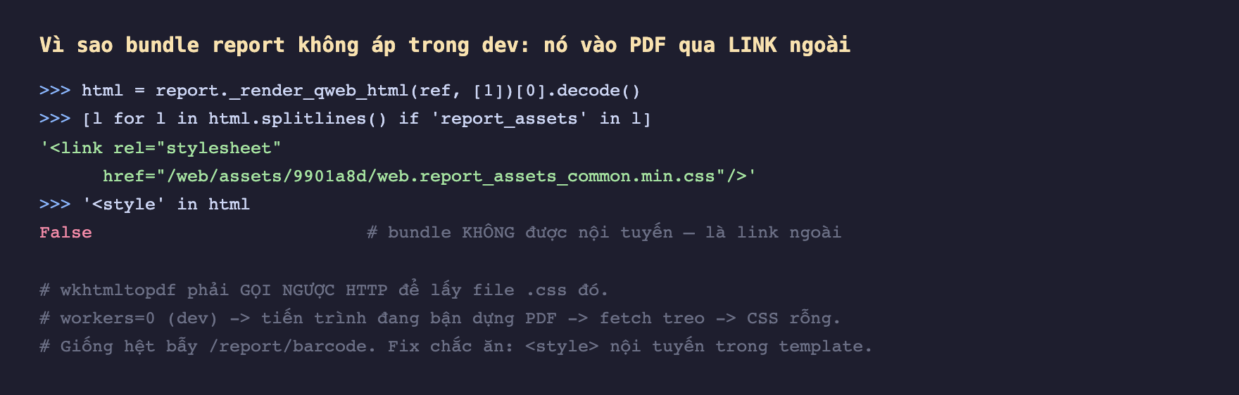 Ảnh chụp phiên odoo shell nền tối, render_qweb_html của report rồi lọc các dòng chứa report_assets in ra một thẻ link rel stylesheet href tới đường dẫn web assets web report_assets_common min css, kiểm tra chuỗi thẻ style có trong html trả về False nghĩa là bundle không được nội tuyến mà là link ngoài, kèm chú thích wkhtmltopdf phải gọi ngược HTTP để lấy file css đó, workers bằng 0 thì tiến trình đang bận dựng PDF nên fetch bị treo và CSS rỗng, giống hệt bẫy report barcode, cách chắc ăn là style nội tuyến trong template