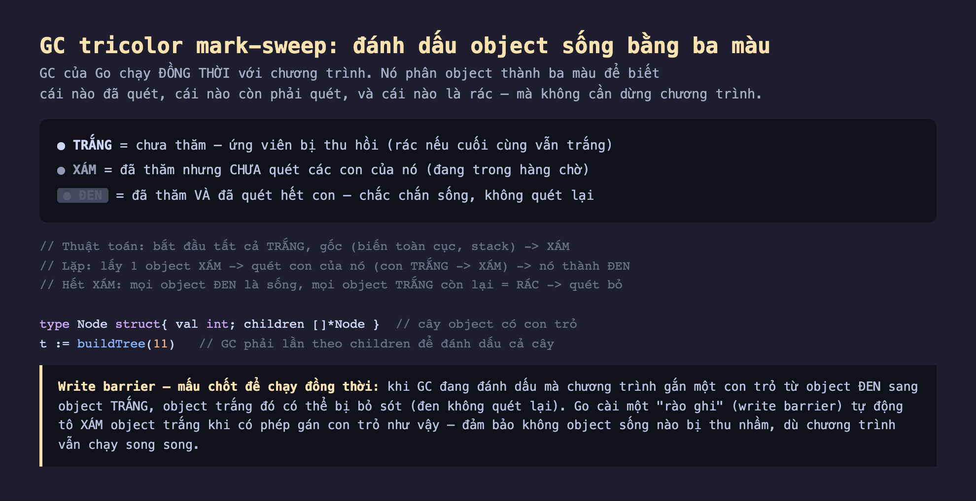 Ảnh chụp sơ đồ nền tối GC tricolor mark-sweep đánh dấu object sống bằng ba màu, GC của Go chạy đồng thời với chương trình phân object thành ba màu để biết cái nào đã quét cái nào còn phải quét cái nào là rác mà không cần dừng chương trình, trắng chưa thăm ứng viên bị thu hồi rác nếu cuối cùng vẫn trắng, xám đã thăm nhưng chưa quét các con của nó đang trong hàng chờ, đen đã thăm và đã quét hết con chắc chắn sống không quét lại, thuật toán bắt đầu tất cả trắng gốc biến toàn cục stack thành xám lặp lấy 1 object xám quét con của nó con trắng thành xám nó thành đen hết xám mọi object đen là sống mọi object trắng còn lại rác quét bỏ, type Node struct val int children con trỏ Node cây object có con trỏ t buildTree 11 GC phải lần theo children để đánh dấu cả cây, write barrier mấu chốt để chạy đồng thời khi GC đang đánh dấu mà chương trình gắn con trỏ từ object đen sang object trắng object trắng có thể bị bỏ sót Go cài rào ghi tự động tô xám object trắng đảm bảo không object sống nào bị thu nhầm