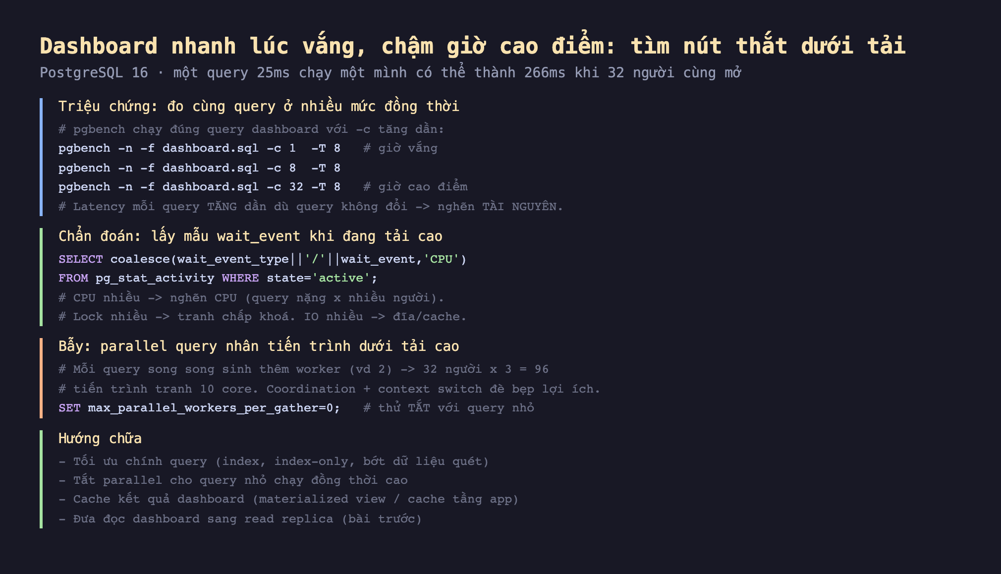 Ảnh chụp đoạn mã SQL nền tối minh hoạ dashboard nhanh lúc vắng chậm giờ cao điểm tìm nút thắt dưới tải PostgreSQL 16 một query 25ms chạy một mình có thể thành 266ms khi 32 người cùng mở, triệu chứng đo cùng query ở nhiều mức đồng thời pgbench chạy đúng query dashboard với c tăng dần pgbench -n -f dashboard.sql -c 1 -T 8 giờ vắng -c 8 -c 32 giờ cao điểm latency mỗi query tăng dần dù query không đổi nghẽn tài nguyên, chẩn đoán lấy mẫu wait_event khi đang tải cao SELECT coalesce wait_event_type wait_event CPU FROM pg_stat_activity WHERE state active CPU nhiều nghẽn CPU query nặng nhân nhiều người Lock nhiều tranh chấp khoá IO nhiều đĩa cache, bẫy parallel query nhân tiến trình dưới tải cao mỗi query song song sinh thêm worker ví dụ 2 32 người nhân 3 bằng 96 tiến trình tranh 10 core coordination cộng context switch đè bẹp lợi ích SET max_parallel_workers_per_gather 0 thử tắt với query nhỏ, hướng chữa tối ưu chính query index index-only bớt dữ liệu quét tắt parallel cho query nhỏ chạy đồng thời cao cache kết quả dashboard materialized view cache tầng app đưa đọc dashboard sang read replica