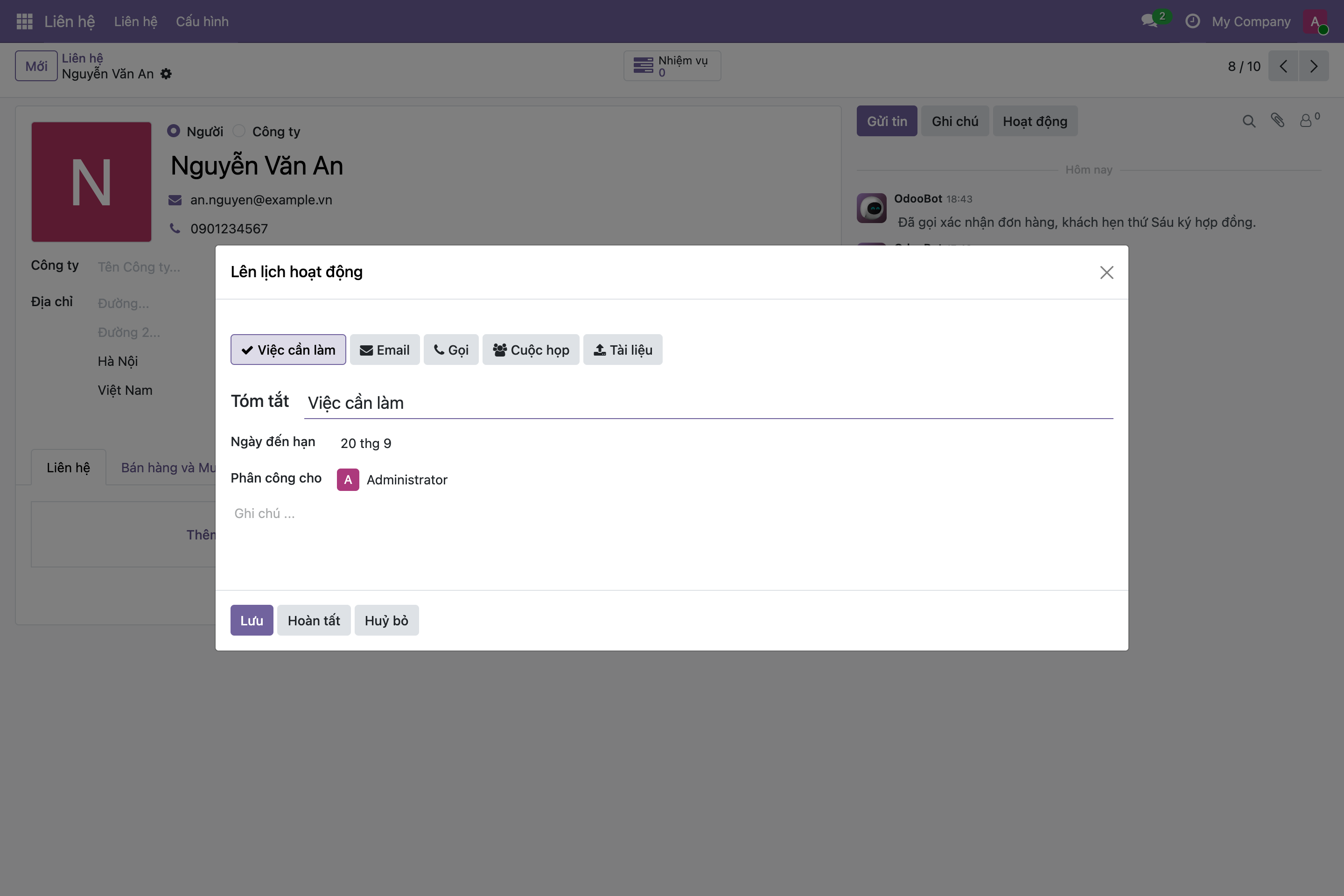Hộp thoại Lên lịch hoạt động với các loại Việc cần làm, Email, Gọi, Cuộc họp, ô Tóm tắt, Ngày đến hạn và Phân công cho