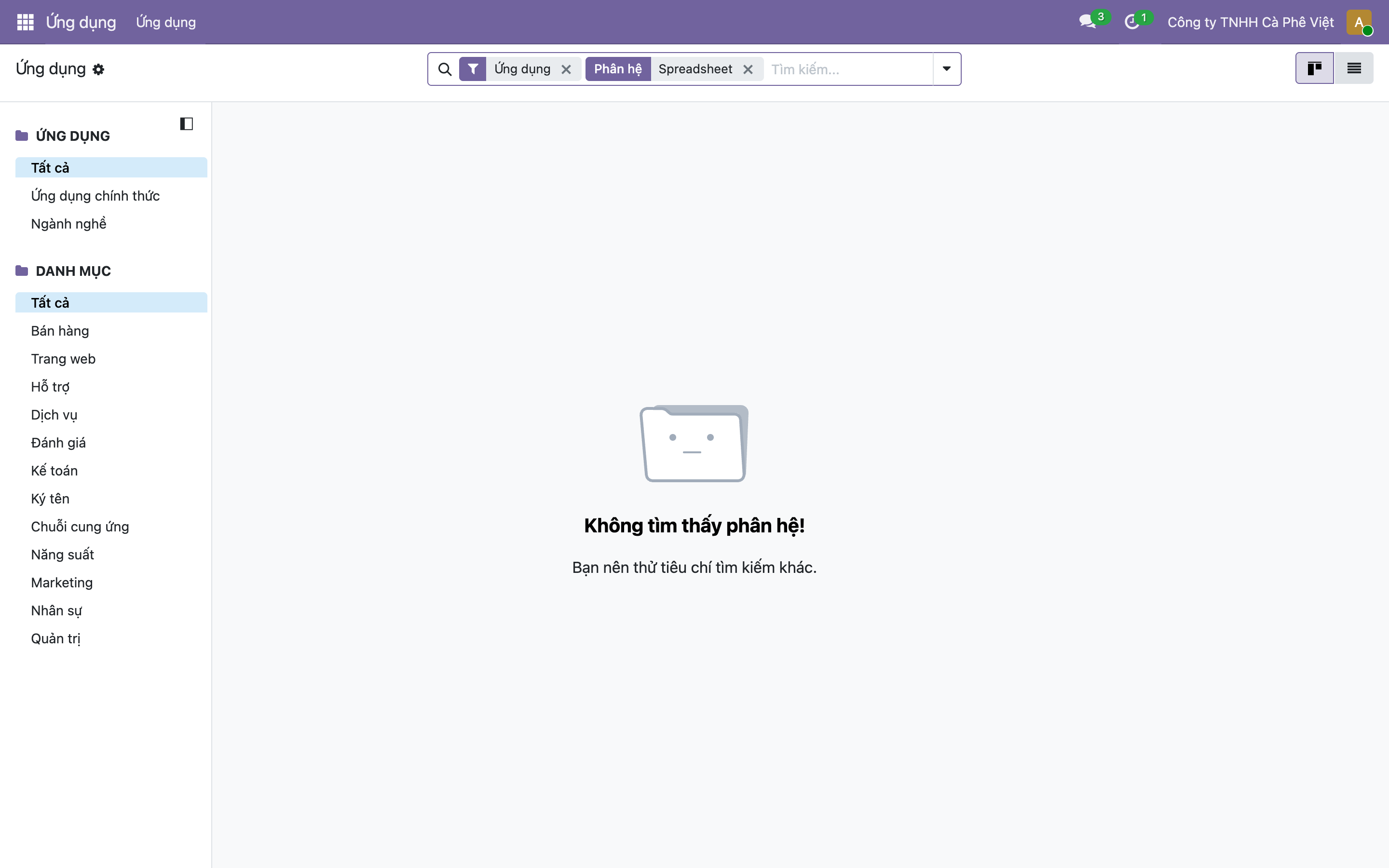 Màn hình Ứng dụng của Odoo lọc theo Spreadsheet, hiện thông báo Không tìm thấy phân hệ, Bạn nên thử tiêu chí tìm kiếm khác