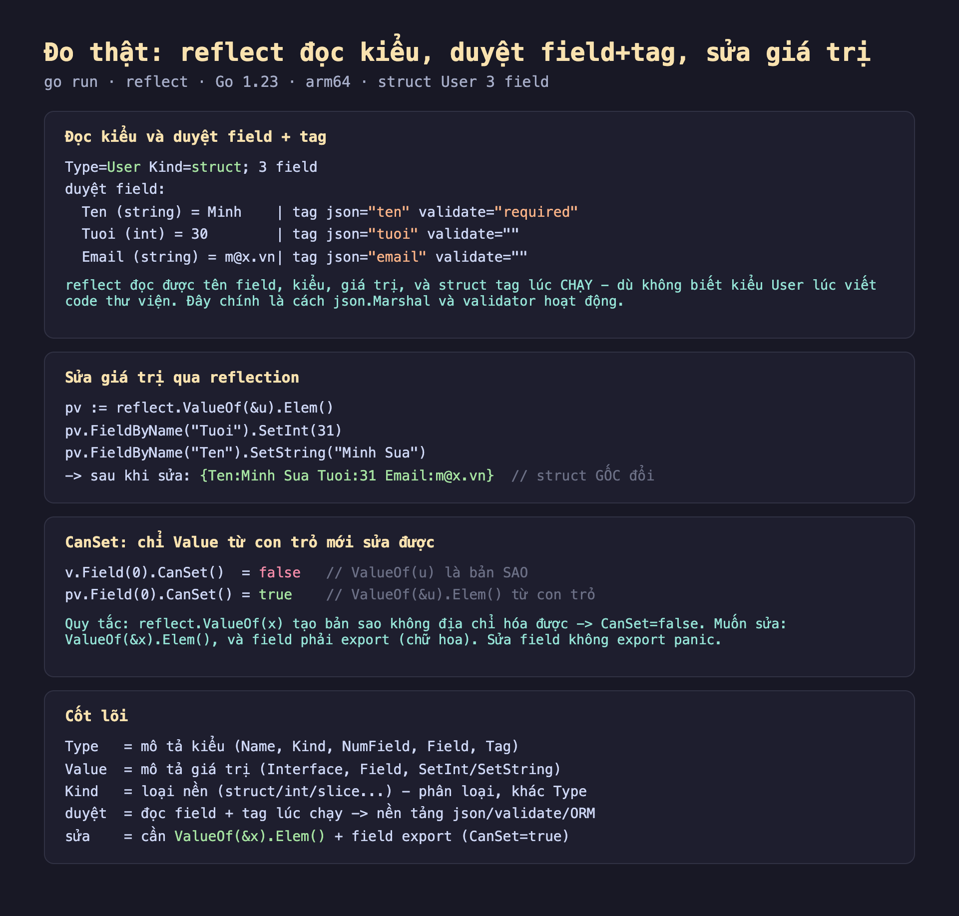 Ảnh chụp bảng kết quả đo thật nền tối reflect đọc kiểu duyệt field cộng tag sửa giá trị go run reflect Go 1.23 arm64 struct User 3 field, đọc kiểu và duyệt field cộng tag Type User Kind struct 3 field duyệt field Ten string bằng Minh tag json ten validate required Tuoi int bằng 30 tag json tuoi validate rỗng Email string bằng m@x.vn tag json email validate rỗng reflect đọc được tên field kiểu giá trị và struct tag lúc chạy dù không biết kiểu User lúc viết code thư viện đây chính là cách json.Marshal và validator hoạt động, sửa giá trị qua reflection pv bằng reflect.ValueOf và u Elem pv.FieldByName Tuoi SetInt 31 pv.FieldByName Ten SetString Minh Sua sau khi sửa Ten Minh Sua Tuoi 31 Email m@x.vn struct gốc đổi, CanSet chỉ Value từ con trỏ mới sửa được v.Field 0 CanSet bằng false ValueOf u là bản sao pv.Field 0 CanSet bằng true ValueOf và u Elem từ con trỏ quy tắc reflect.ValueOf x tạo bản sao không địa chỉ hóa được CanSet false muốn sửa ValueOf và x Elem và field phải export chữ hoa sửa field không export panic, cốt lõi Type mô tả kiểu Name Kind NumField Field Tag Value mô tả giá trị Interface Field SetInt SetString Kind loại nền struct int slice phân loại khác Type duyệt đọc field cộng tag lúc chạy nền tảng json validate ORM sửa cần ValueOf và x Elem cộng field export CanSet true