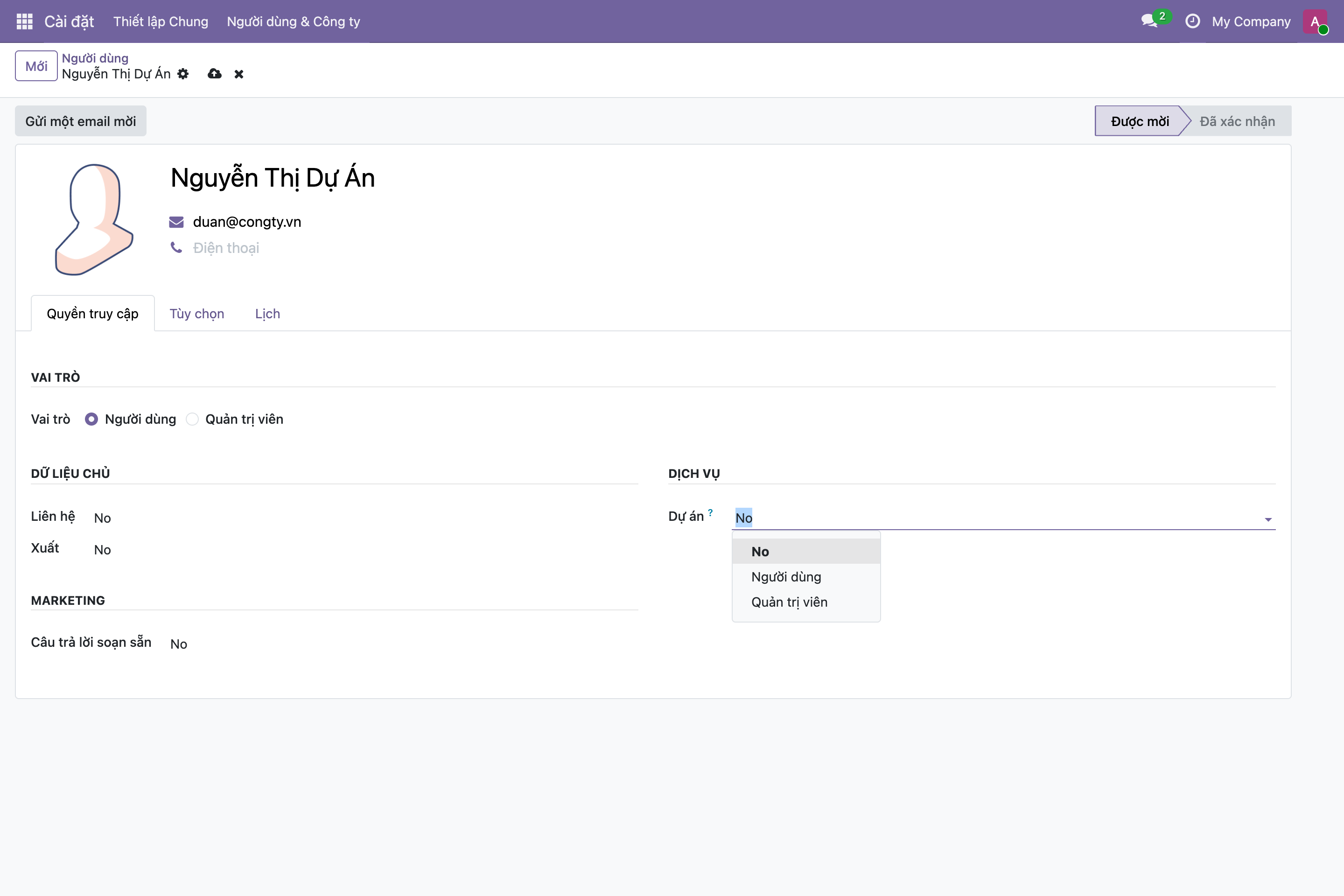 Form người dùng, tab Quyền truy cập, ô Dự án đang mở dropdown ba mức No, Người dùng, Quản trị viên