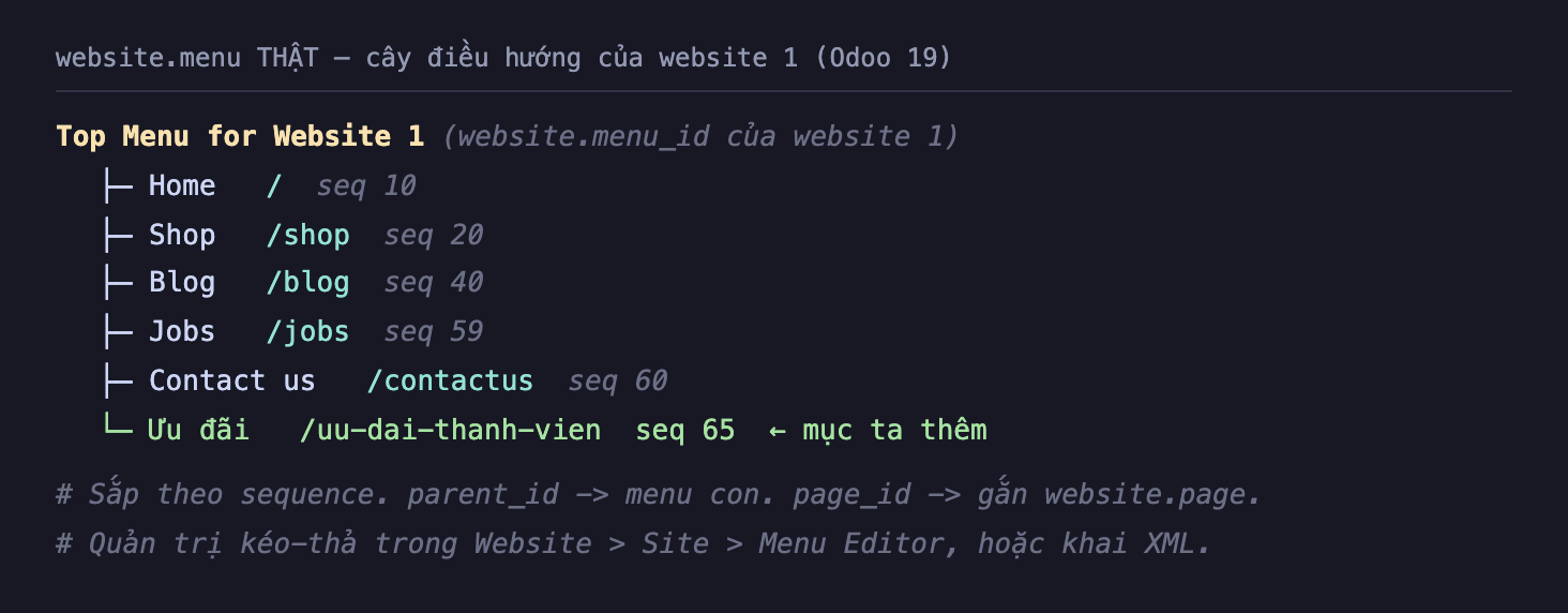 Ảnh chụp terminal nền tối website menu thật cây điều hướng của website 1 trên Odoo 19. Gốc là Top Menu for Website 1 là website menu_id của website 1. Các nhánh con: Home đường dẫn gạch chéo seq 10, Shop gạch chéo shop seq 20, Blog gạch chéo blog seq 40, Jobs gạch chéo jobs seq 59, Contact us gạch chéo contactus seq 60, và dòng được tô sáng Ưu đãi gạch chéo uu-dai-thanh-vien seq 65 là mục ta thêm. Ghi chú sắp theo sequence, parent_id trỏ menu con, page_id gắn website page, quản trị kéo thả trong Website Site Menu Editor hoặc khai XML
