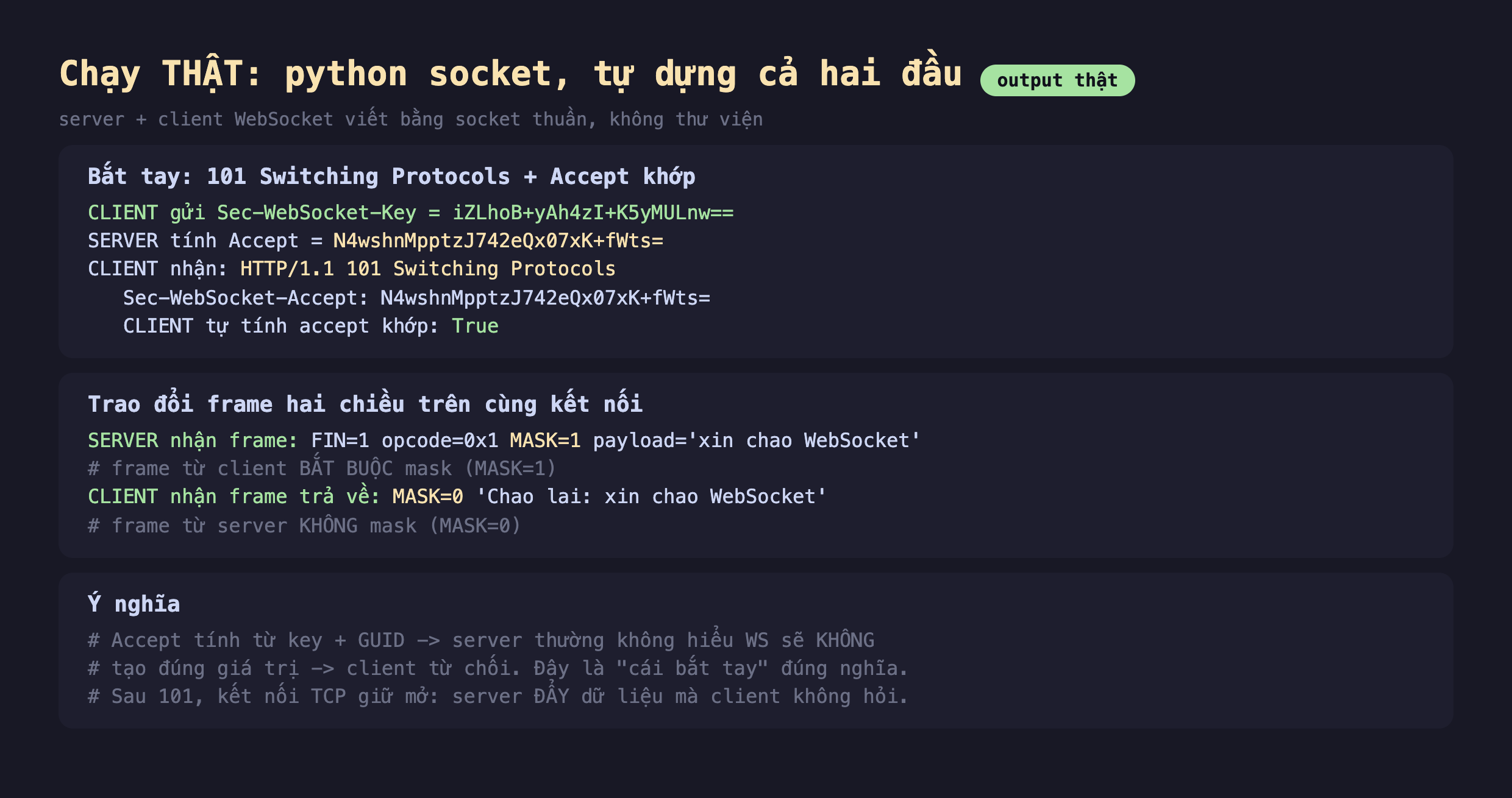 Ảnh chụp bảng kết quả chạy thật python socket tự dựng cả hai đầu output thật server cộng client WebSocket viết bằng socket thuần không thư viện, bắt tay 101 Switching Protocols cộng Accept khớp CLIENT gửi Sec-WebSocket-Key iZLhoB cộng yAh4zI cộng K5yMULnw SERVER tính Accept N4wshnMpptzJ742eQx07xK cộng fWts CLIENT nhận HTTP 1.1 101 Switching Protocols Sec-WebSocket-Accept N4wshnMpptzJ742eQx07xK cộng fWts CLIENT tự tính accept khớp True, trao đổi frame hai chiều trên cùng kết nối SERVER nhận frame FIN 1 opcode 0x1 MASK 1 payload xin chao WebSocket frame từ client bắt buộc mask MASK 1 CLIENT nhận frame trả về MASK 0 Chao lai xin chao WebSocket frame từ server không mask MASK 0, ý nghĩa Accept tính từ key cộng GUID server thường không hiểu WS sẽ không tạo đúng giá trị client từ chối đây là cái bắt tay đúng nghĩa sau 101 kết nối TCP giữ mở server đẩy dữ liệu mà client không hỏi