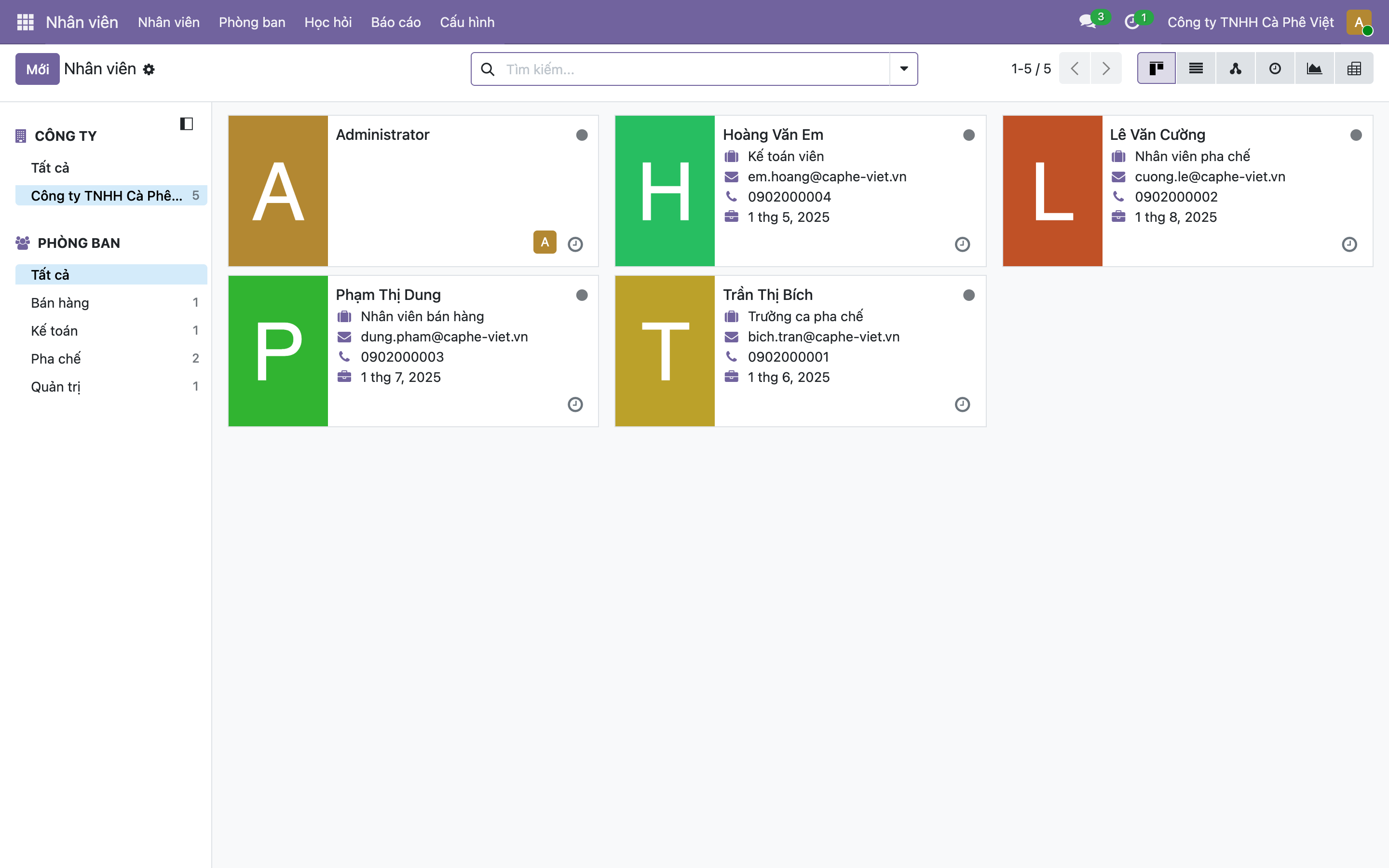 Màn hình app Nhân viên bản Community hiển thị 5 nhân viên dạng thẻ kanban gồm Administrator, Hoàng Văn Em kế toán viên, Lê Văn Cường nhân viên pha chế, Phạm Thị Dung nhân viên bán hàng, Trần Thị Bích trưởng ca pha chế; bên trái là danh sách phòng ban