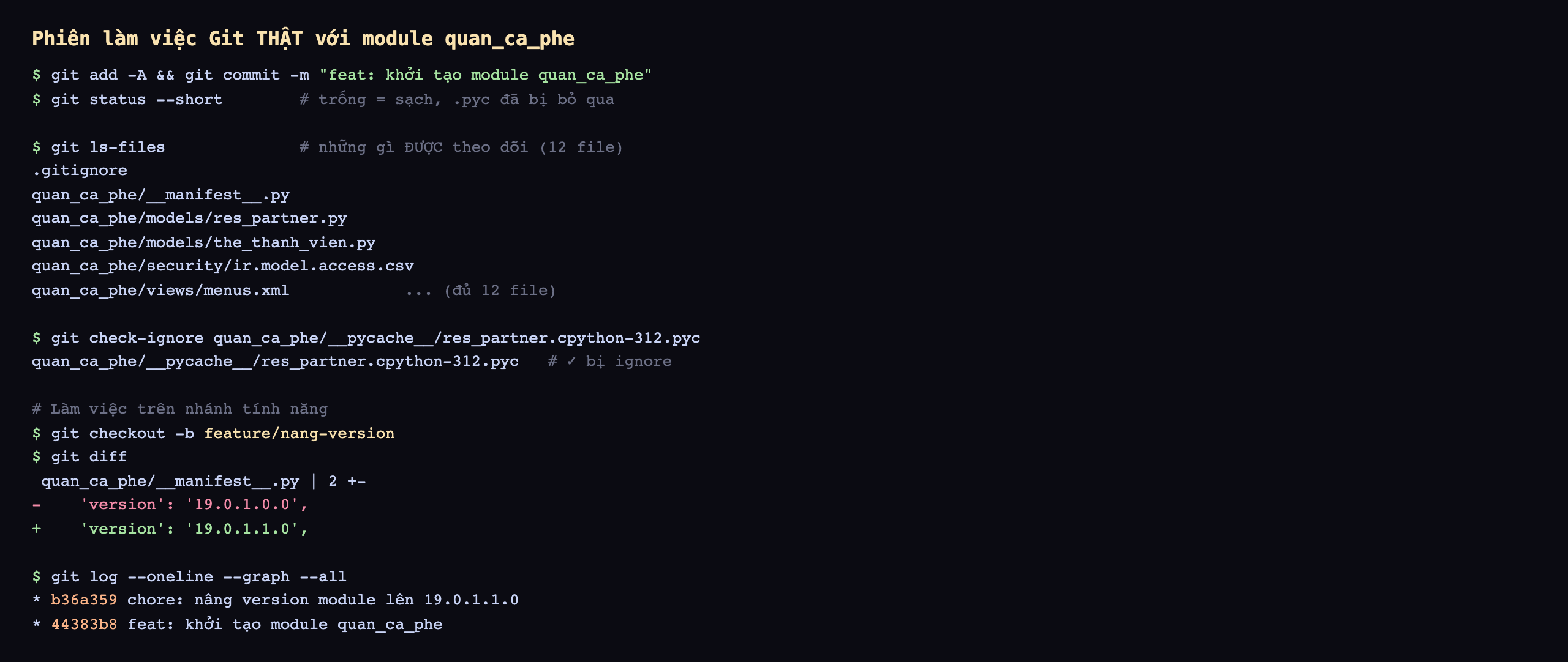 Phiên làm việc Git thật với module quan_ca_phe: chạy git add tất cả rồi commit với thông điệp feat khởi tạo module; git status short cho kết quả trống nghĩa là sạch và file pyc đã bị bỏ qua; git ls-files liệt kê 12 file được theo dõi gồm gitignore, manifest, hai model res_partner và the_thanh_vien, file bảo mật csv, các file view xml; git check-ignore xác nhận file pyc trong pycache bị ignore; sau đó tạo nhánh feature nang-version, git diff cho thấy dòng version đổi từ 19.0.1.0.0 thành 19.0.1.1.0; cuối cùng git log oneline graph hiện hai commit b36a359 nâng version và 44383b8 khởi tạo module