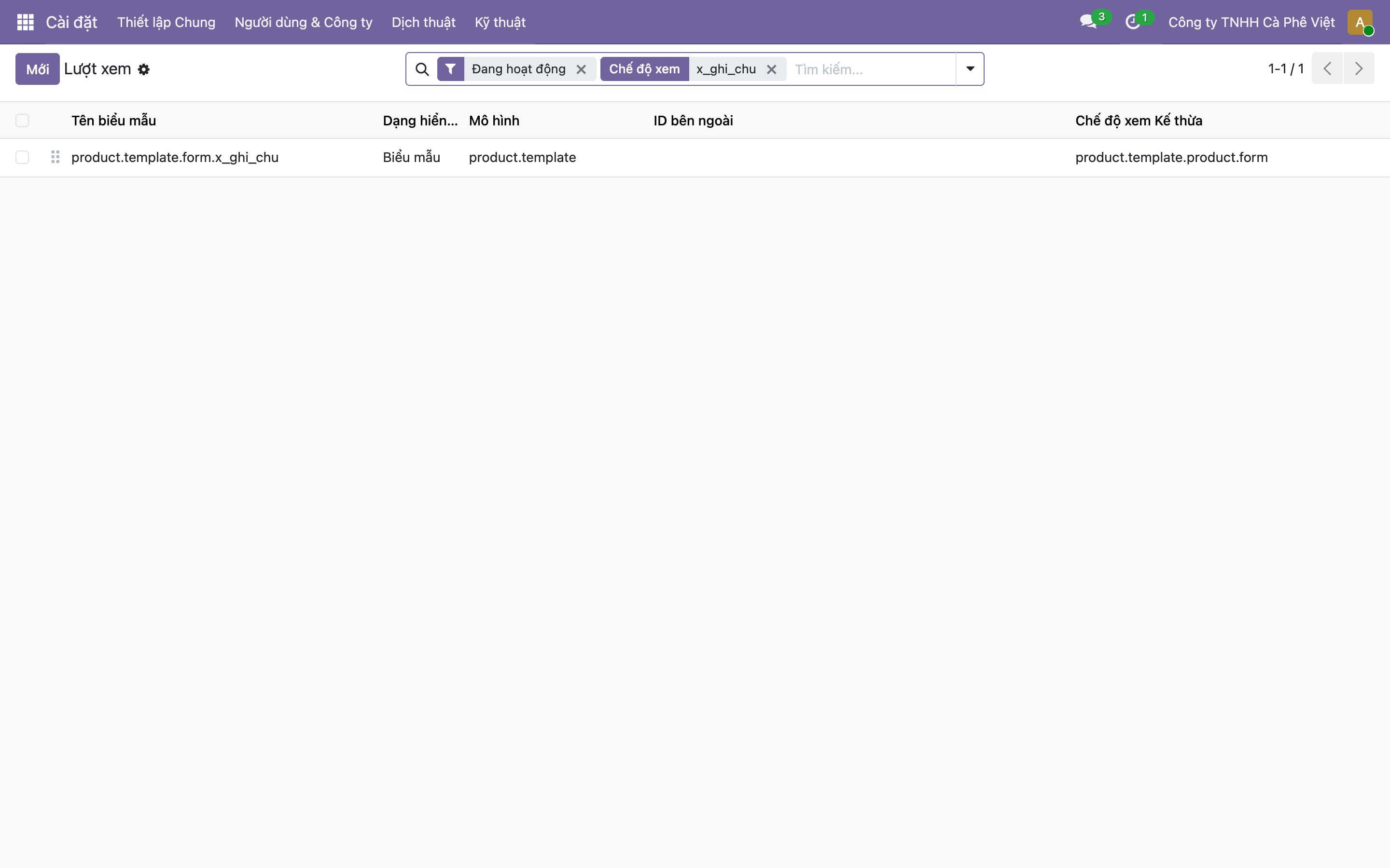 Danh sách Lượt xem trong Odoo lọc theo x_ghi_chu, hiện một dòng product.template.form.x_ghi_chu, Dạng hiển thị Biểu mẫu, Mô hình product.template, Chế độ xem Kế thừa product.template.product.form
