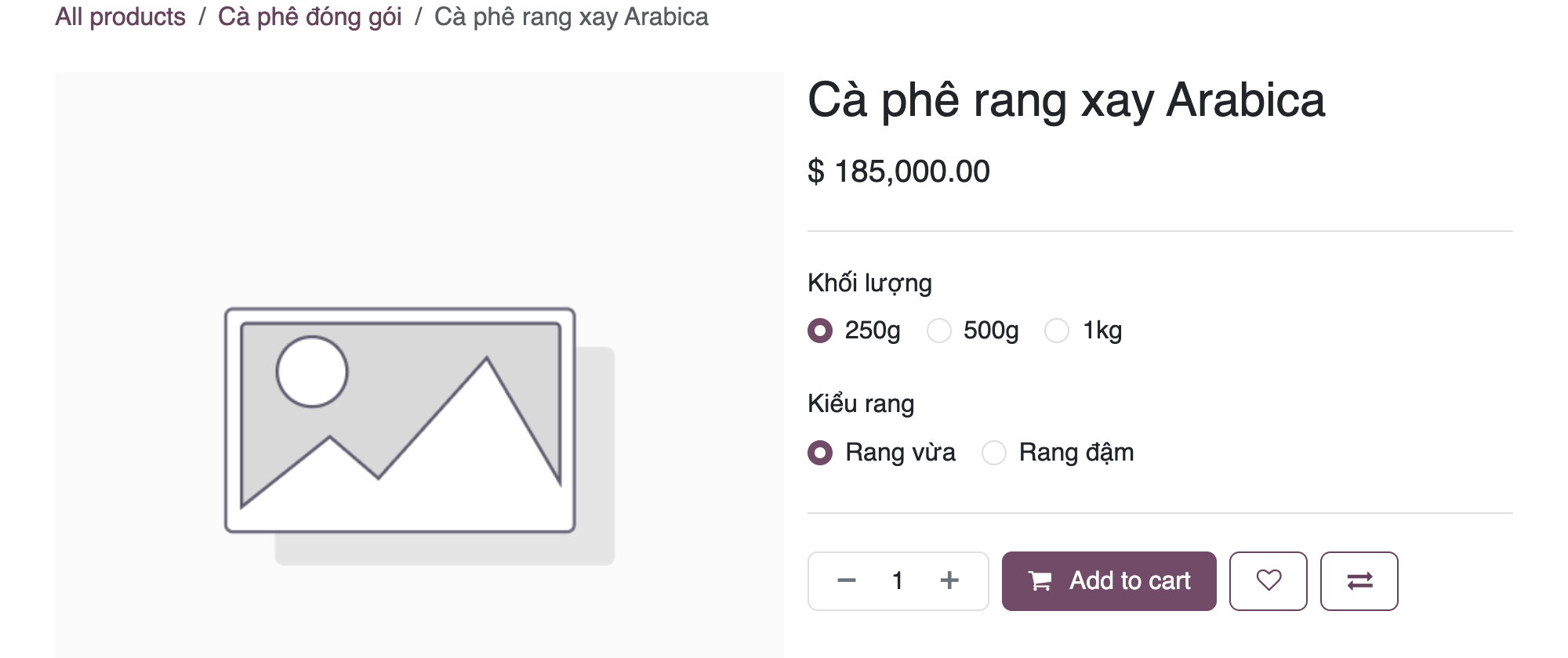 Ảnh chụp trang sản phẩm thật trên shop Odoo 19. Đường dẫn All products Cà phê đóng gói Cà phê rang xay Arabica. Tên sản phẩm Cà phê rang xay Arabica, giá 185.000, các lựa chọn Khối lượng 250g 500g 1kg, Kiểu rang Rang vừa Rang đậm, ô số lượng và nút Add to cart