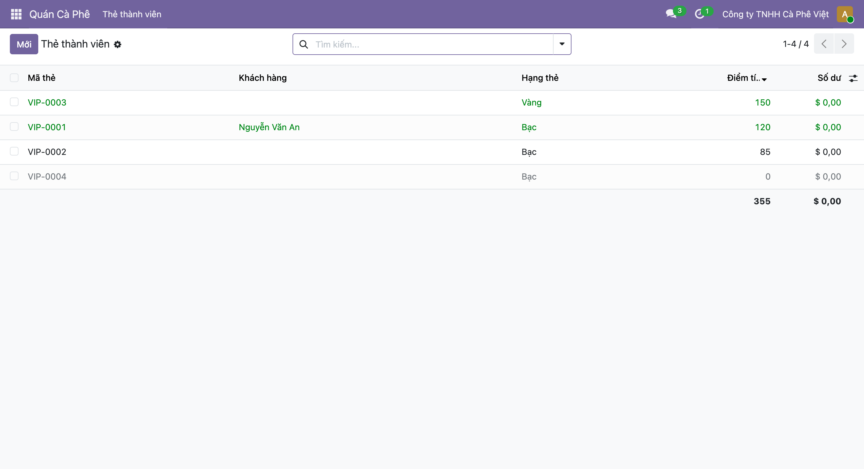 Ảnh chụp giao diện Odoo 19 danh sách Thẻ thành viên có bốn dòng, các cột Mã thẻ Khách hàng Hạng thẻ Điểm tích luỹ và Số dư, dòng VIP-0003 Vàng 150 điểm và dòng VIP-0001 Nguyễn Văn An Bạc 120 điểm hiển thị màu xanh vì đạt từ 100 điểm trở lên, dòng VIP-0002 Bạc 85 điểm màu đen bình thường, dòng VIP-0004 Bạc 0 điểm màu xám mờ, các dòng xếp giảm dần theo điểm từ 150 xuống 0, chân bảng có dòng tổng cộng 355 ở cột điểm và 0 đô la ở cột số dư, góc phải cột có biểu tượng bật tắt cột tuỳ chọn