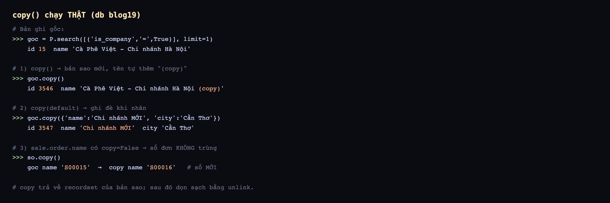 Output copy chạy thật trên database blog19: bản ghi gốc goc bằng P.search is_company True limit 1 ra id 15 name Cà Phê Việt Chi nhánh Hà Nội; một copy không tham số cho bản sao mới id 3546 name Cà Phê Việt Chi nhánh Hà Nội kèm đuôi copy; hai copy với default dict name Chi nhánh MỚI city Cần Thơ cho id 3547 name Chi nhánh MỚI city Cần Thơ; ba sale.order.name có copy False nên số đơn không trùng, so.copy cho goc name S00015 thành copy name S00016 số mới; copy trả về recordset của bản sao sau đó dọn sạch bằng unlink