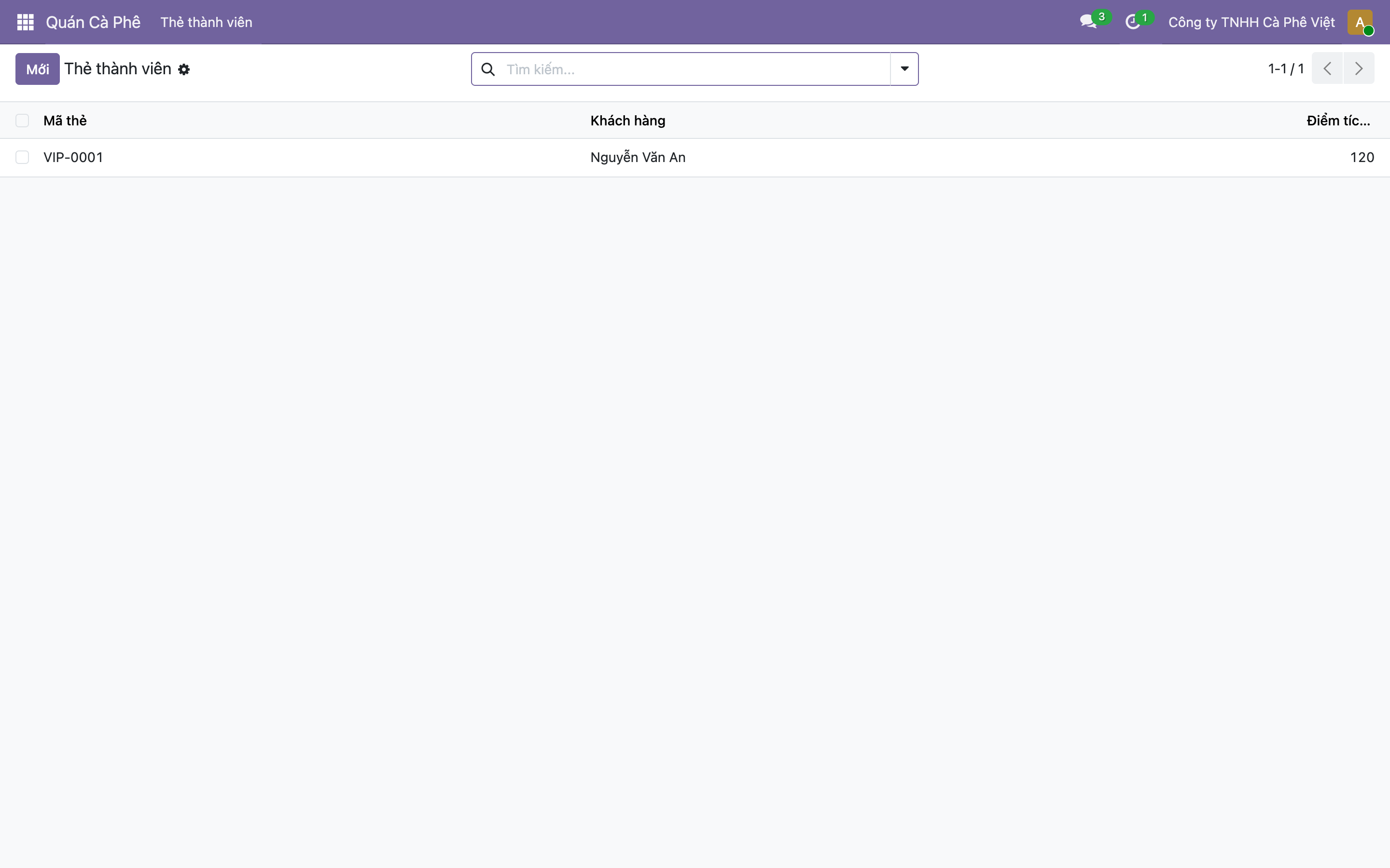 Giao diện Odoo hiển thị app Quán Cà Phê trên thanh trên cùng với menu con Thẻ thành viên; nội dung là danh sách Thẻ thành viên với dòng VIP-0001 của Nguyễn Văn An 120 điểm