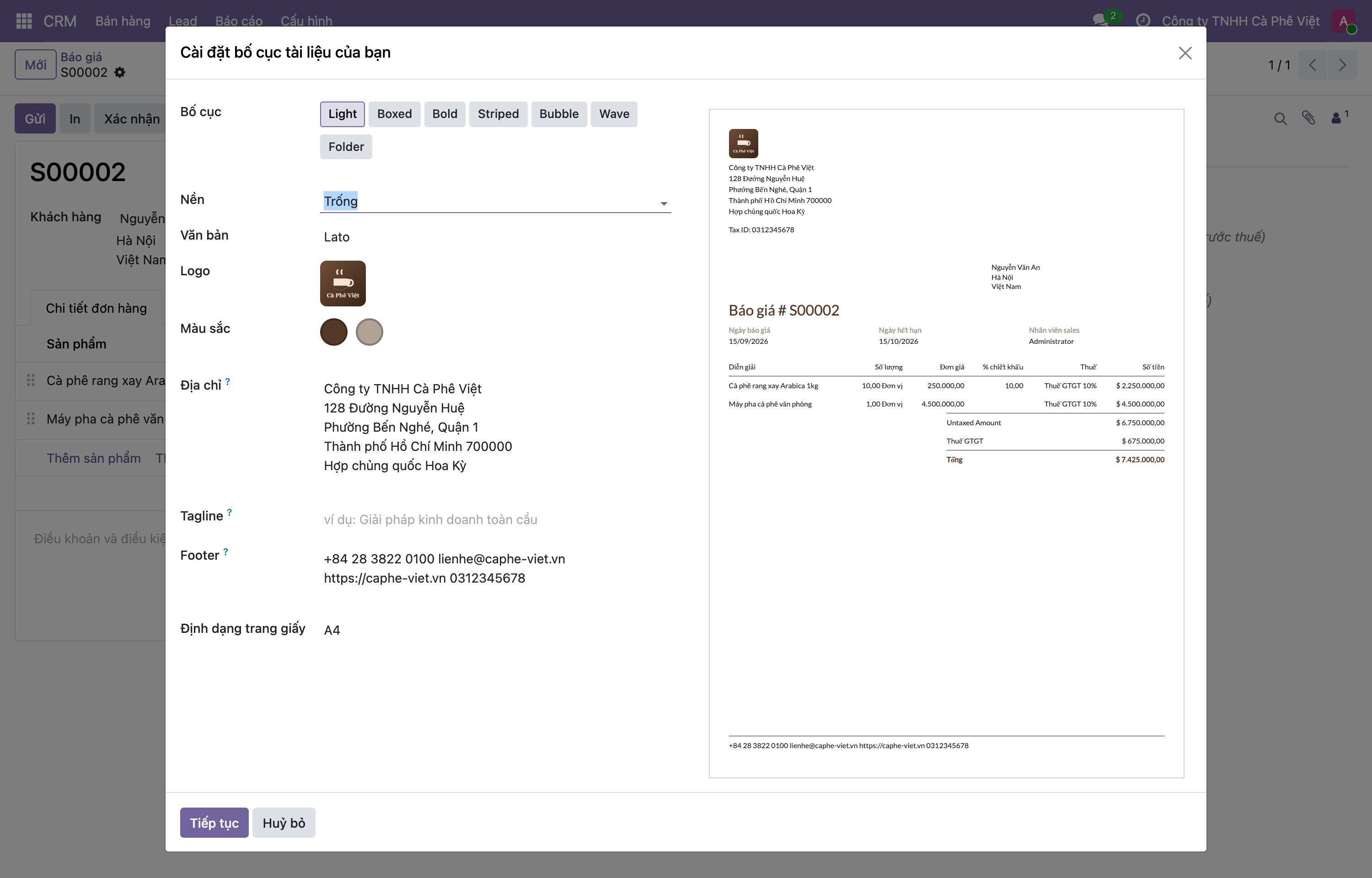 Chọn bố cục tài liệu với bản xem trước PDF báo giá