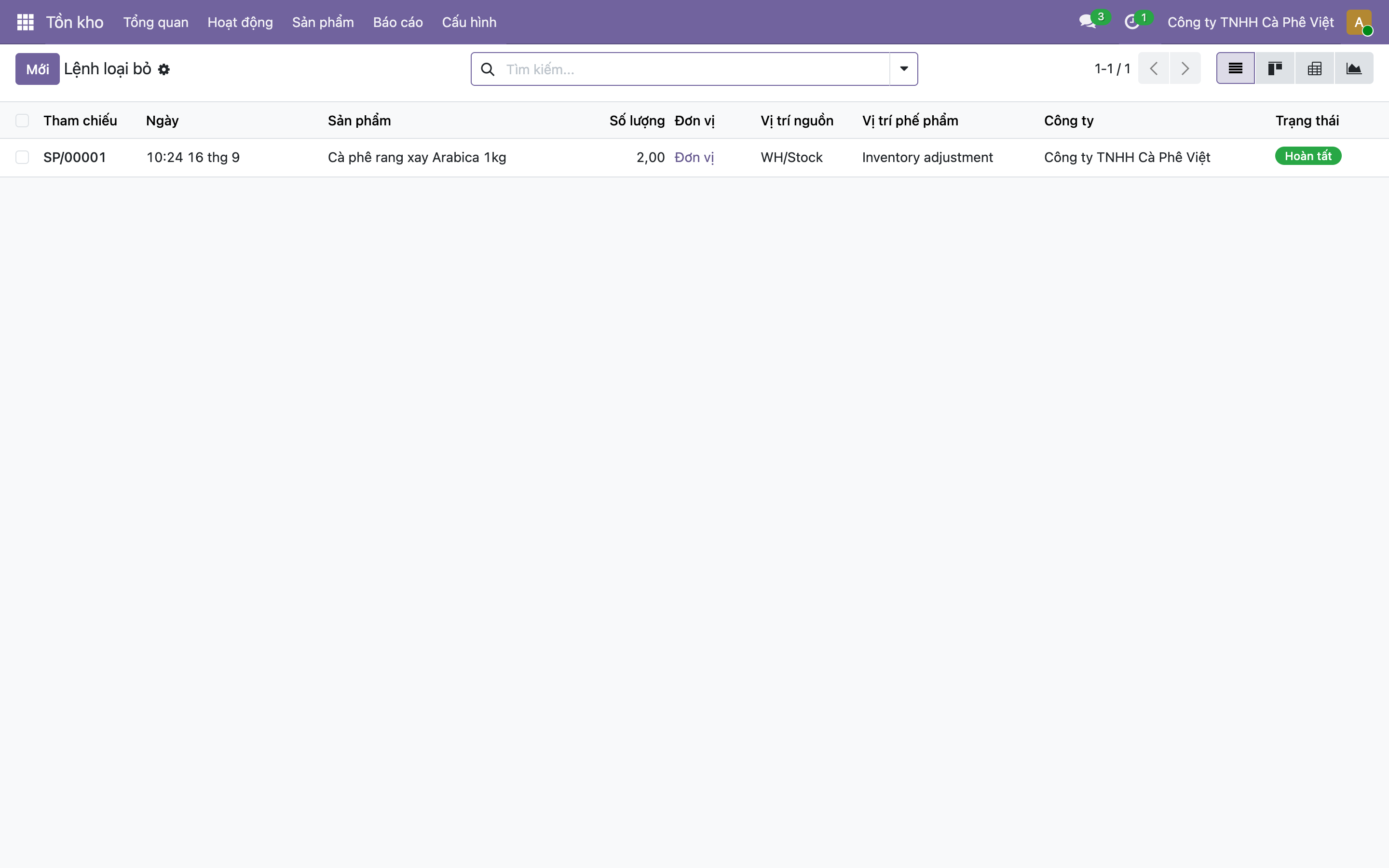 Danh sách Lệnh loại bỏ trong app Tồn kho của Odoo, một dòng SP/00001 ngày 16 tháng 9, sản phẩm Cà phê rang xay Arabica 1kg, số lượng 2,00 Đơn vị, từ WH/Stock, trạng thái Hoàn tất