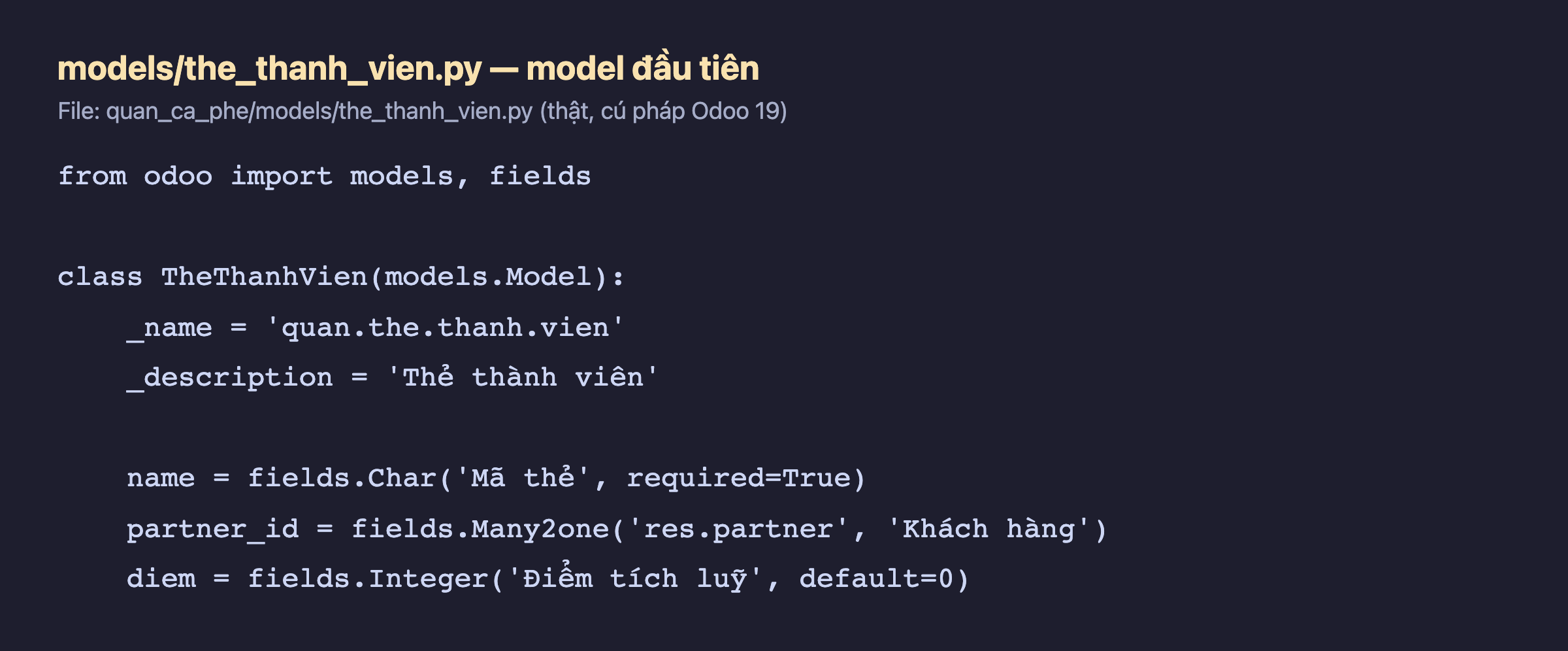 Mã nguồn Python file the_thanh_vien.py: import models fields từ odoo; class TheThanhVien kế thừa models.Model với _name quan.the.thanh.vien, _description Thẻ thành viên, và ba trường name kiểu Char Mã thẻ required True, partner_id kiểu Many2one tới res.partner nhãn Khách hàng, diem kiểu Integer Điểm tích luỹ mặc định 0