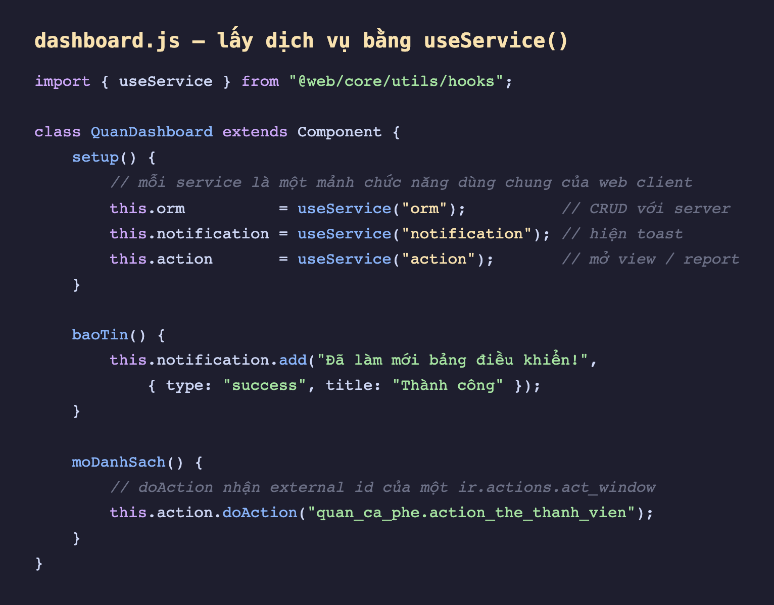 Ảnh chụp đoạn mã JavaScript nền tối minh hoạ file dashboard.js, import useService từ web core utils hooks, trong hàm setup gán this.orm bằng useService orm để CRUD với server, this.notification bằng useService notification để hiện toast, this.action bằng useService action để mở view hay report, một phương thức baoTin gọi notification.add với type success và title Thành công, một phương thức moDanhSach gọi action.doAction với external id action_the_thanh_vien