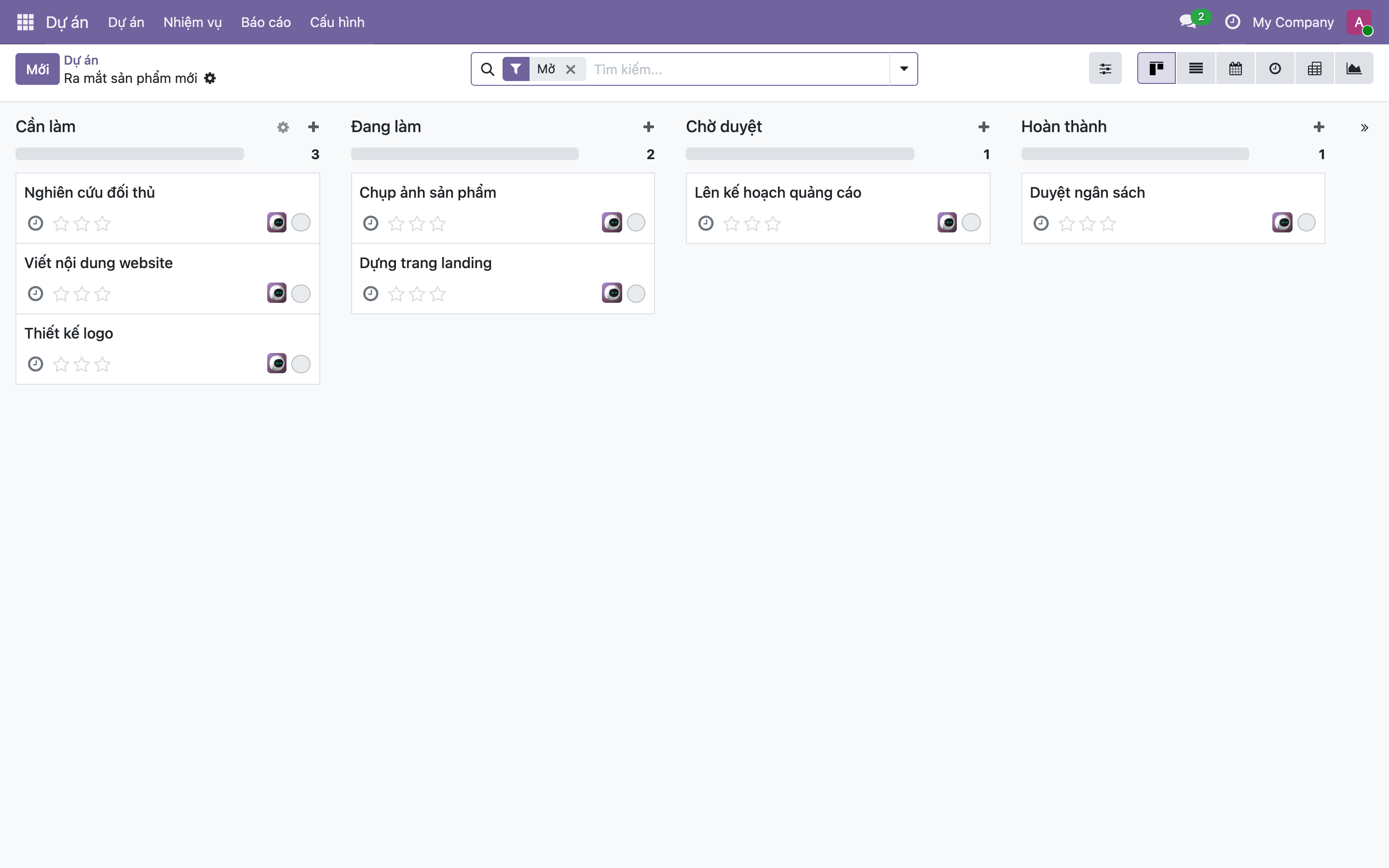 Bảng Kanban trong app Dự án với 4 cột Cần làm, Đang làm, Chờ duyệt, Hoàn thành và các thẻ công việc