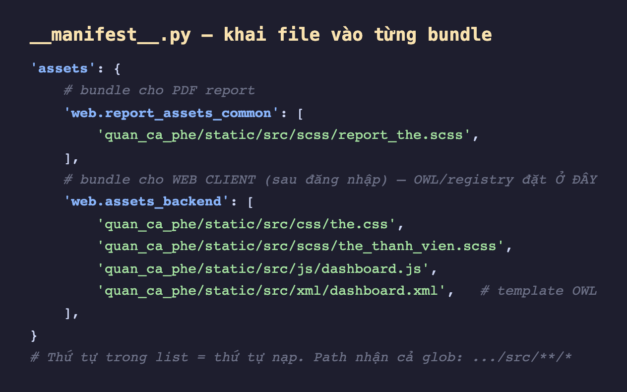 Ảnh chụp đoạn mã nền tối khối assets trong file manifest py của module, có khoá web.report_assets_common chứa file scss report kèm chú thích bundle cho PDF report, khoá web.assets_backend chứa lần lượt the css, the_thanh_vien scss, dashboard js, dashboard xml kèm chú thích bundle cho web client sau đăng nhập nơi đặt OWL và registry, và chú thích cuối rằng thứ tự trong list là thứ tự nạp còn path nhận cả glob dạng src hai sao trên tất cả