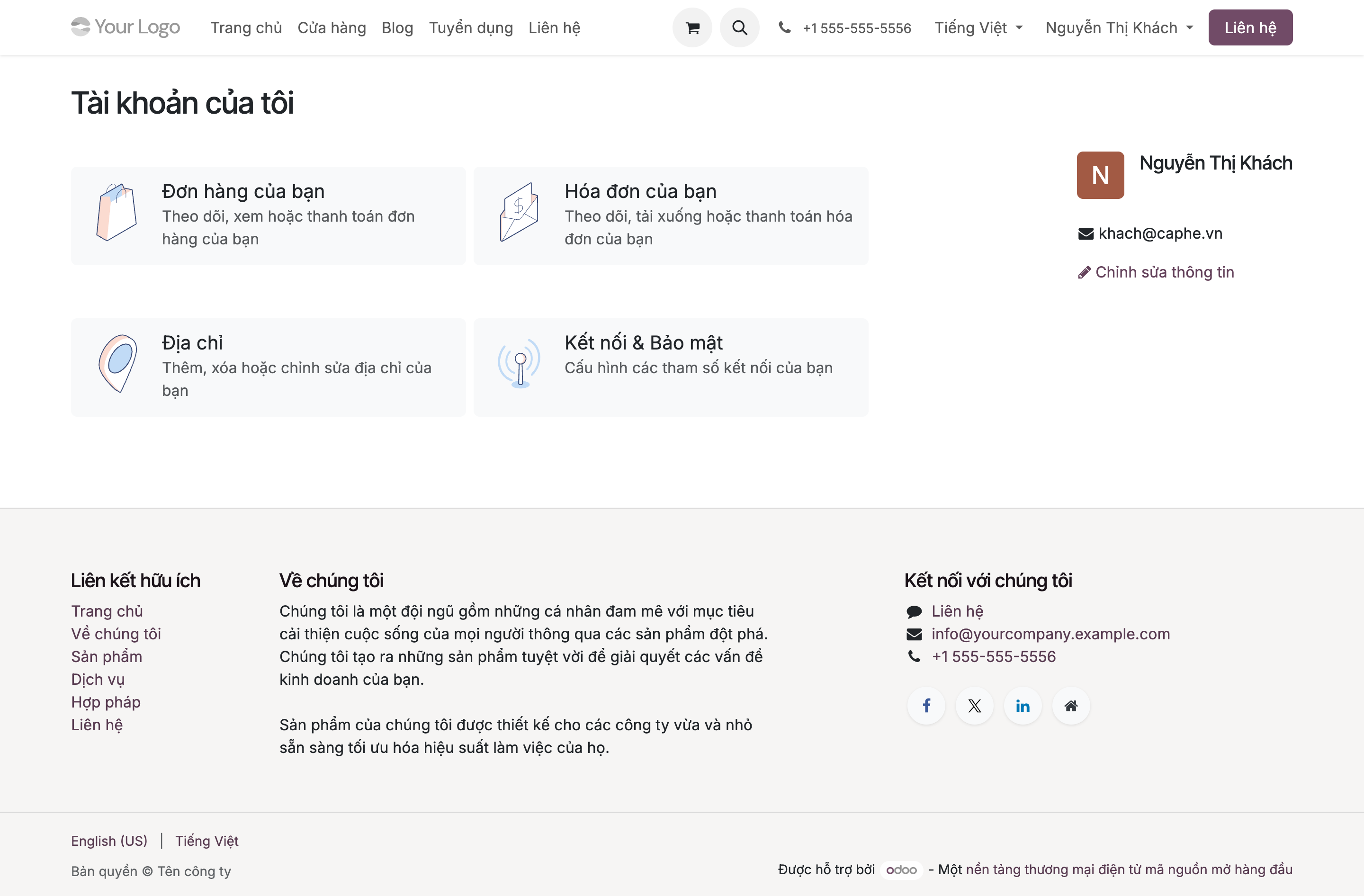 Trang Tài khoản của tôi của khách Nguyễn Thị Khách, có bốn thẻ: Đơn hàng của bạn theo dõi xem thanh toán, Hóa đơn của bạn theo dõi tải xuống thanh toán, Địa chỉ thêm xóa chỉnh sửa, Kết nối và Bảo mật; bên phải hiện avatar tên và email khách với link Chỉnh sửa thông tin