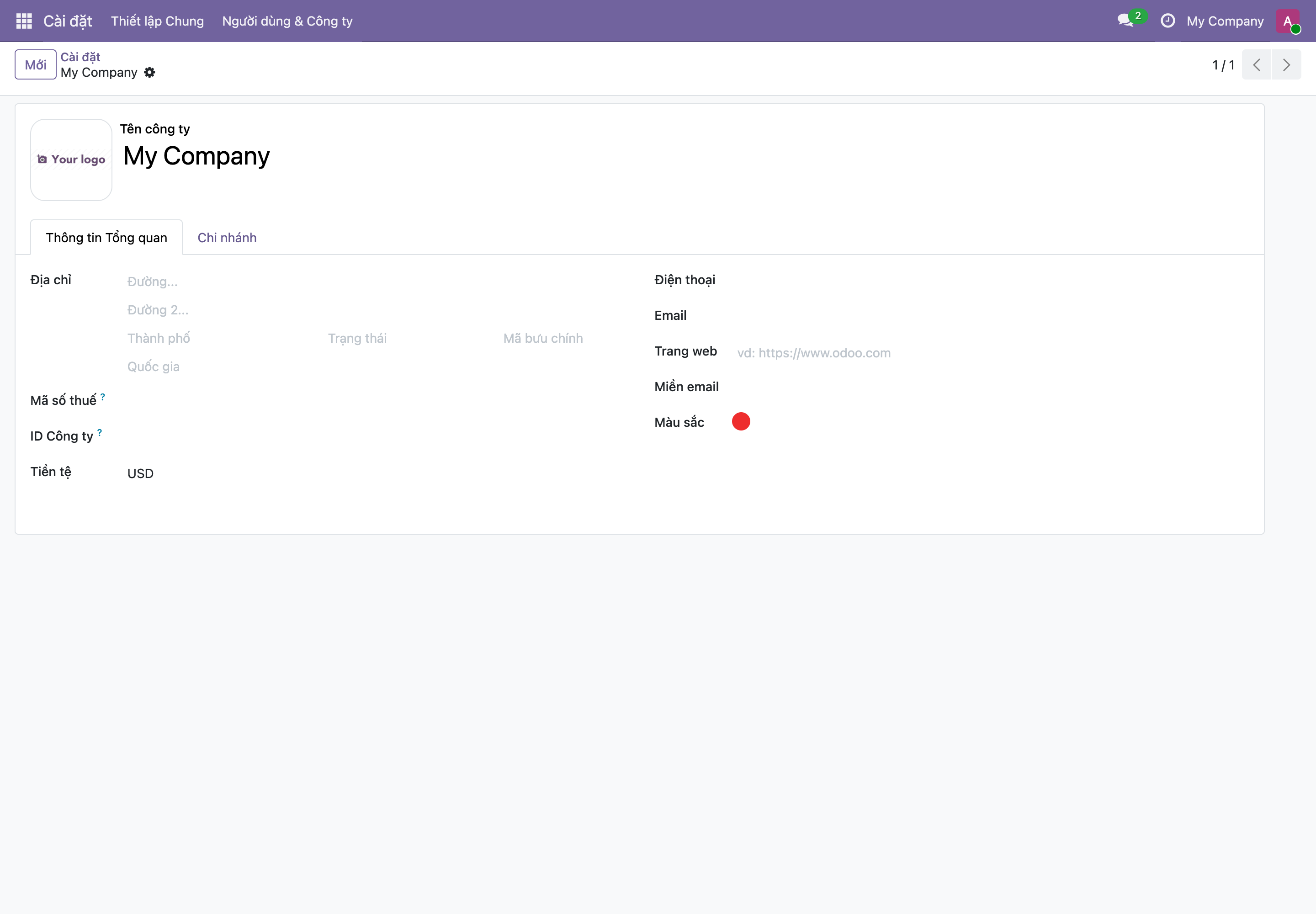 Form thông tin công ty My Company trong Odoo, trường Tiền tệ đang là USD