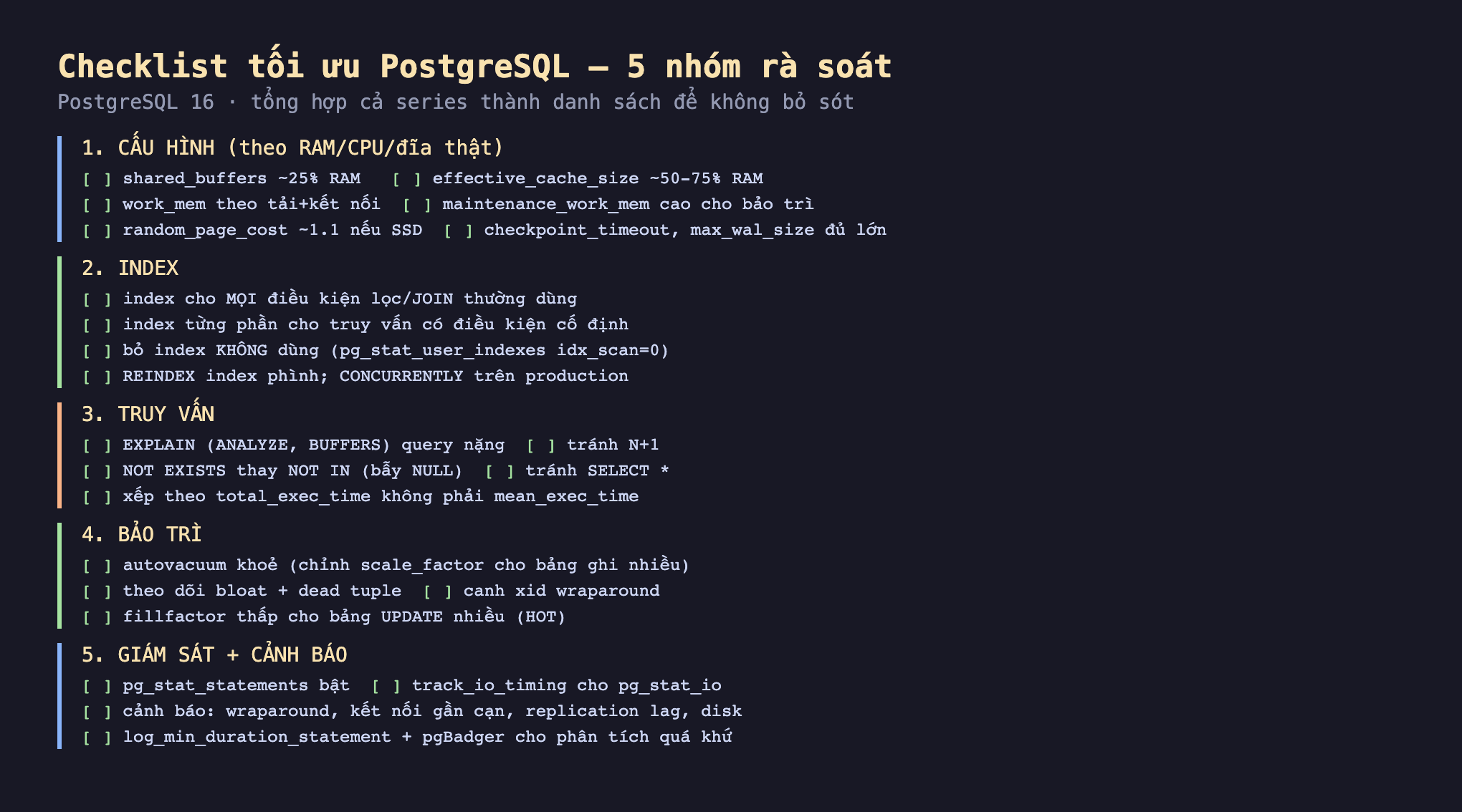 Ảnh chụp checklist tối ưu PostgreSQL nền tối 5 nhóm rà soát PostgreSQL 16 tổng hợp cả series thành danh sách để không bỏ sót, 1 cấu hình theo RAM CPU đĩa thật shared_buffers 25 phần trăm RAM effective_cache_size 50-75 phần trăm RAM work_mem theo tải cộng kết nối maintenance_work_mem cao cho bảo trì random_page_cost 1.1 nếu SSD checkpoint_timeout max_wal_size đủ lớn, 2 index cho mọi điều kiện lọc JOIN thường dùng index từng phần cho truy vấn có điều kiện cố định bỏ index không dùng pg_stat_user_indexes idx_scan 0 REINDEX index phình CONCURRENTLY trên production, 3 truy vấn EXPLAIN ANALYZE BUFFERS query nặng tránh N+1 NOT EXISTS thay NOT IN bẫy NULL tránh SELECT sao xếp theo total_exec_time không phải mean_exec_time, 4 bảo trì autovacuum khoẻ chỉnh scale_factor cho bảng ghi nhiều theo dõi bloat cộng dead tuple canh xid wraparound fillfactor thấp cho bảng UPDATE nhiều HOT, 5 giám sát cộng cảnh báo pg_stat_statements bật track_io_timing cho pg_stat_io cảnh báo wraparound kết nối gần cạn replication lag disk log_min_duration_statement cộng pgBadger cho phân tích quá khứ