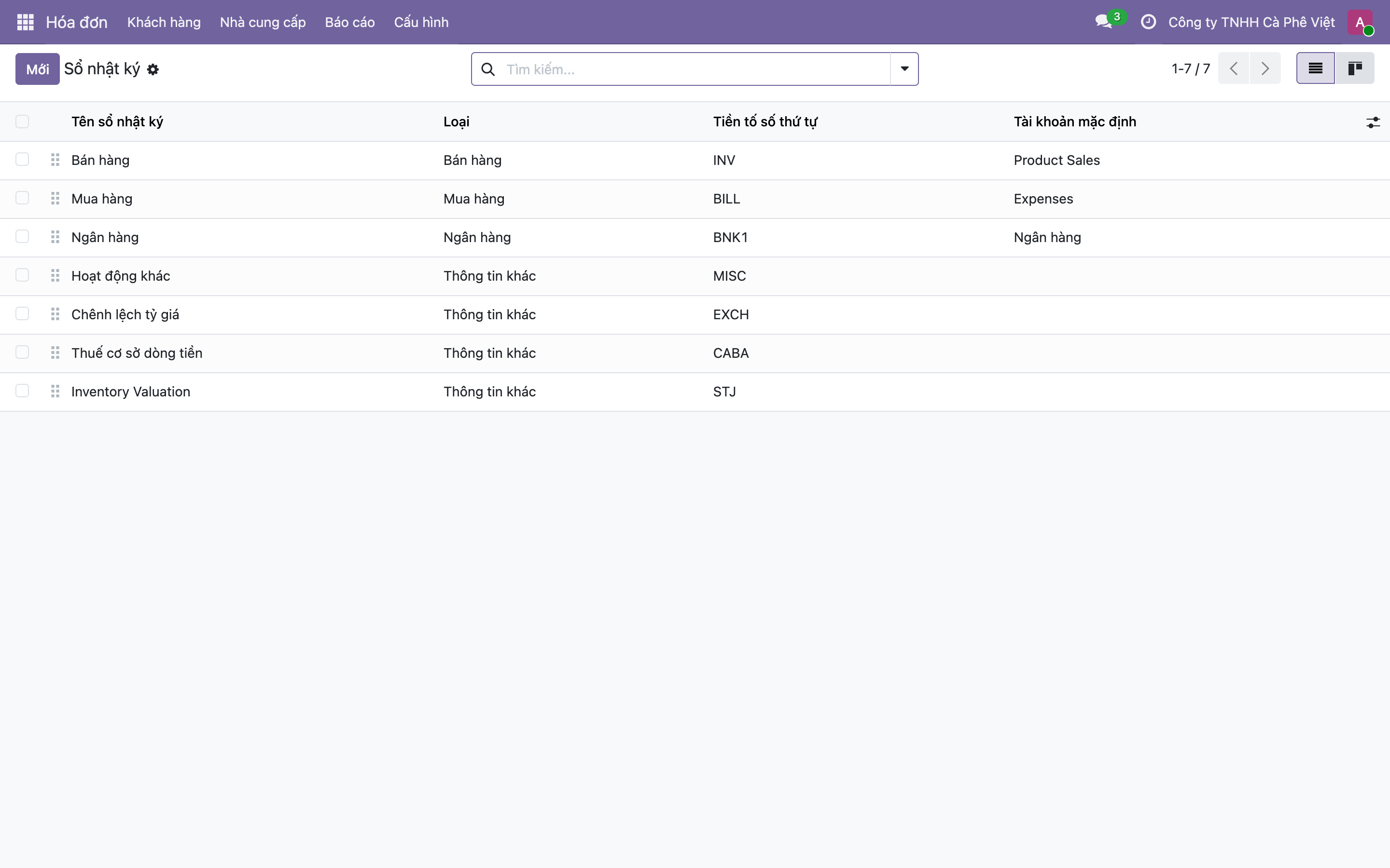 Danh sách Sổ nhật ký gồm Bán hàng loại Bán hàng tiền tố INV, Mua hàng loại Mua hàng tiền tố BILL, Ngân hàng tiền tố BNK1, và các sổ khác MISC EXCH CABA Inventory Valuation