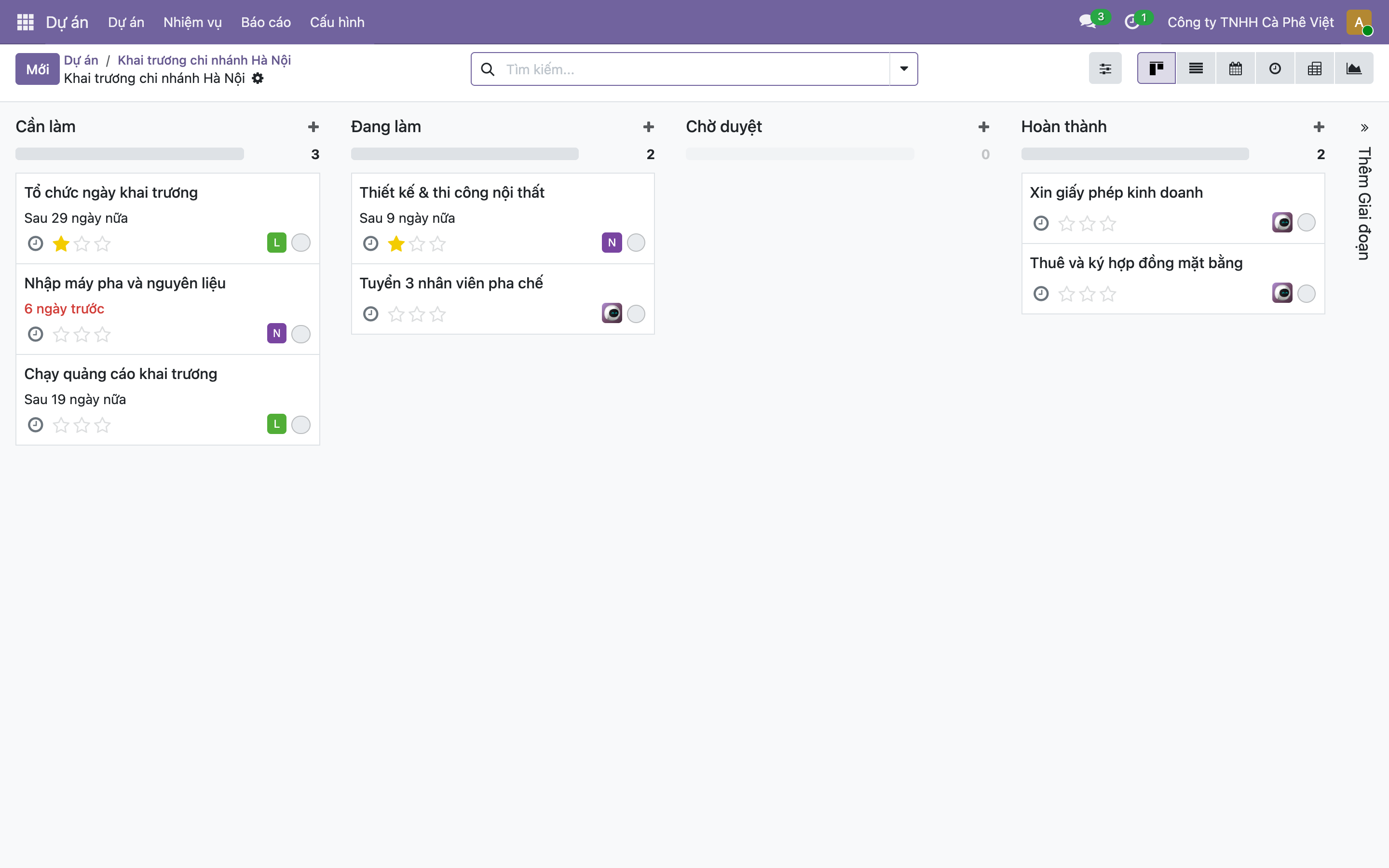 Bảng kanban dự án với các thẻ hiện thông tin phân công: Tổ chức ngày khai trương có sao vàng, ghi Sau 29 ngày nữa, avatar L; Nhập máy pha và nguyên liệu ghi 6 ngày trước màu đỏ, avatar N; Chạy quảng cáo Sau 19 ngày nữa; Thiết kế thi công nội thất có sao vàng Sau 9 ngày nữa
