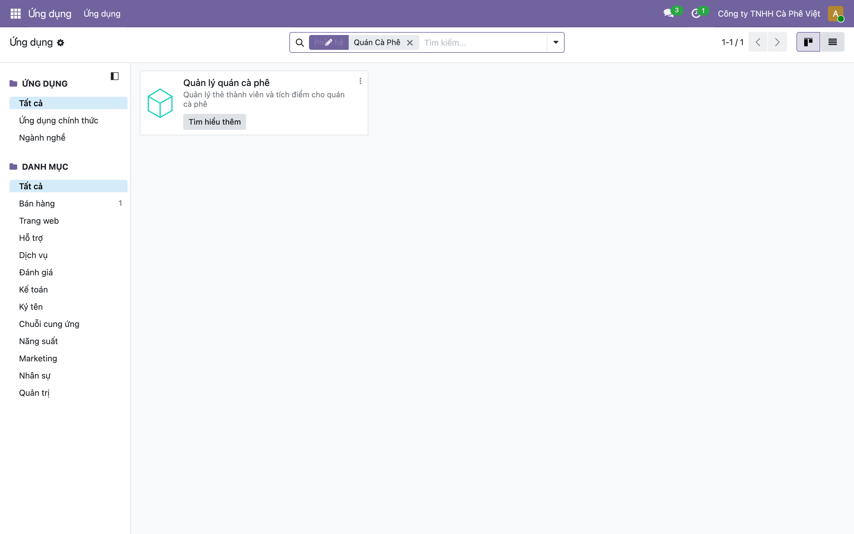 Màn hình Ứng dụng của Odoo tìm Quán Cà Phê, hiện ô ứng dụng Quản lý quán cà phê với mô tả Quản lý thẻ thành viên và tích điểm cho quán cà phê, danh mục Bán hàng, nút Tìm hiểu thêm