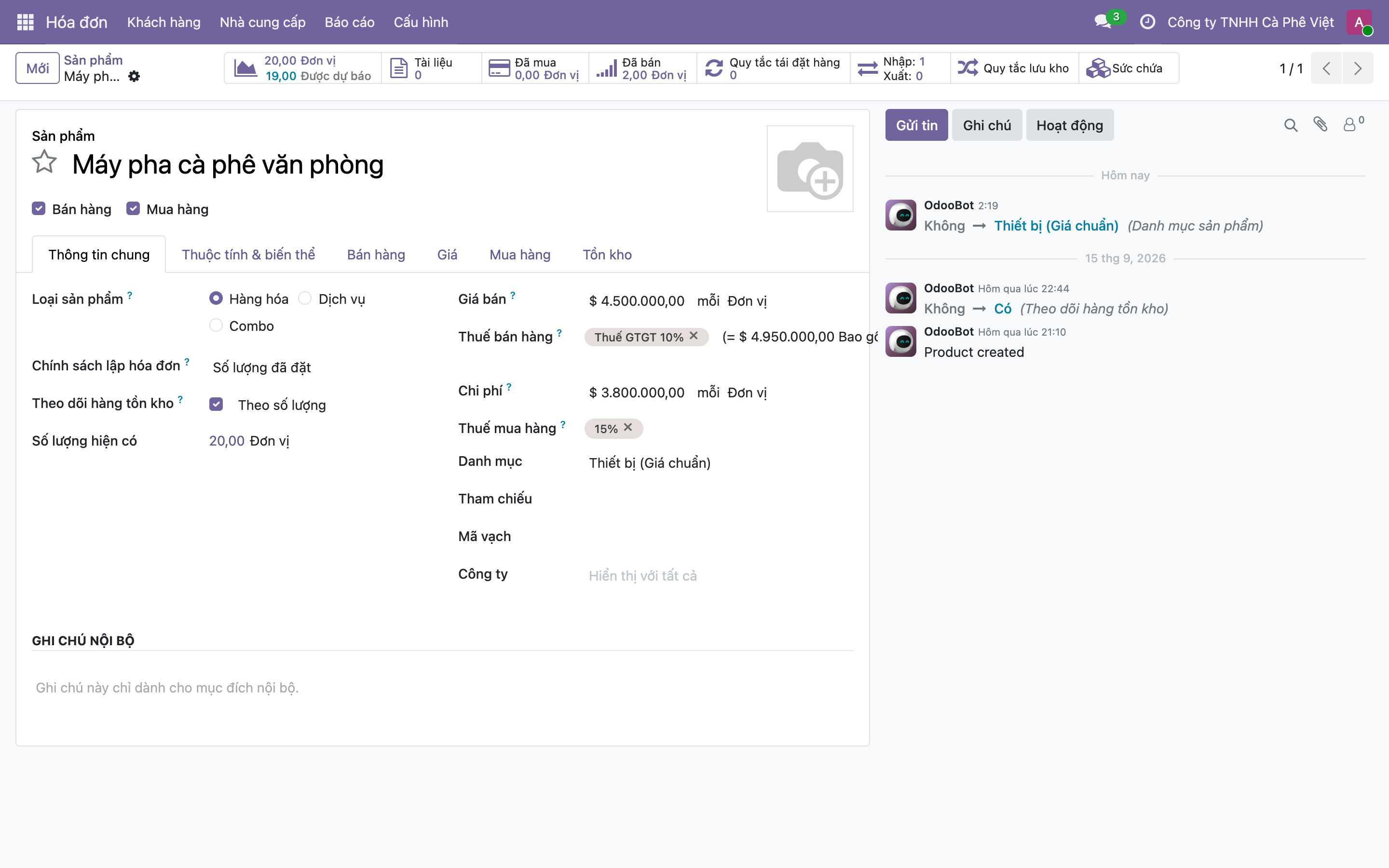Form sản phẩm Máy pha cà phê văn phòng, tab Thông tin chung, ô Chi phí bằng 3.800.000 mỗi đơn vị, Danh mục Thiết bị Giá chuẩn