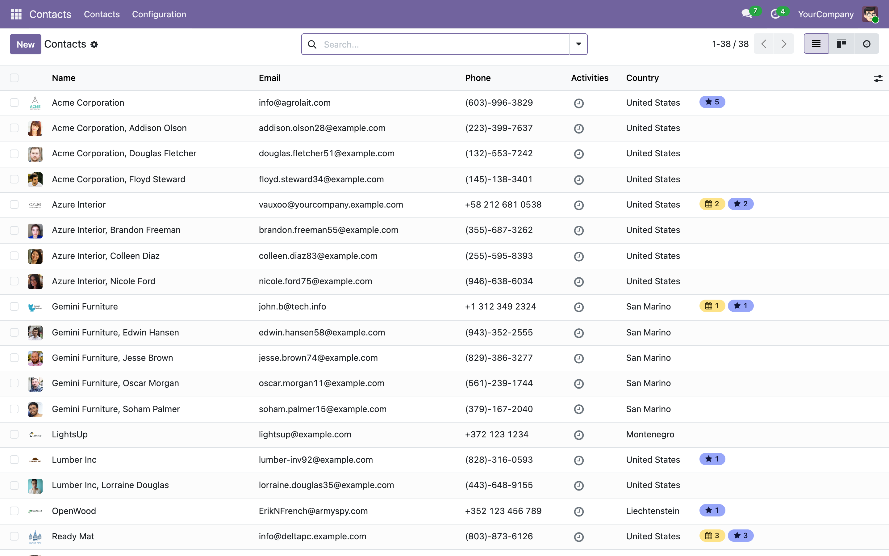 App Liên hệ của một database bật Demo Data, danh sách 38 khách hàng mẫu như Acme Corporation, Azure Interior, Gemini Furniture kèm email và số điện thoại