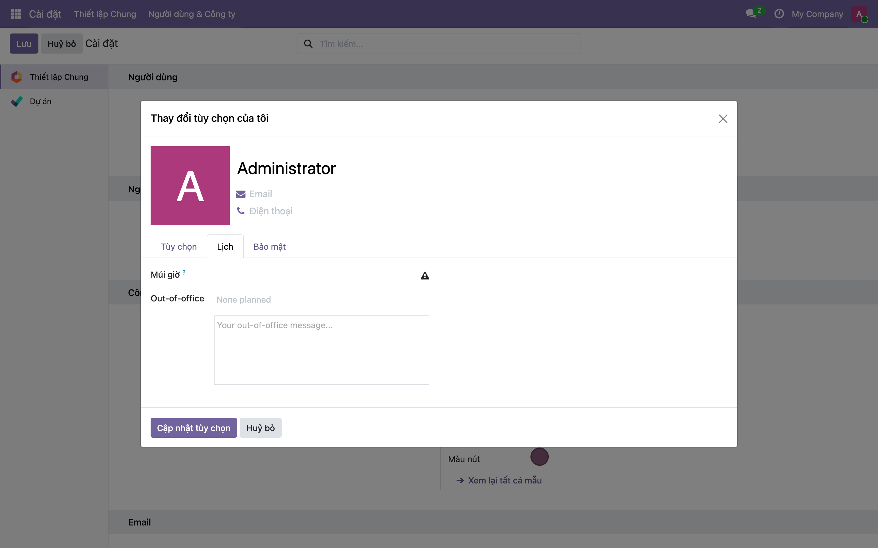 Thẻ Lịch trong hộp tùy chọn người dùng Odoo, trường Múi giờ đang trống kèm biểu tượng cảnh báo