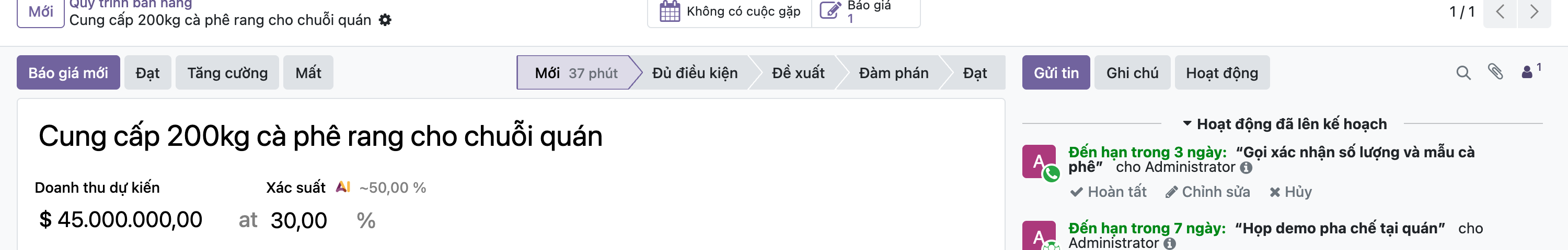 Nút Báo giá mới và số báo giá trên cơ hội