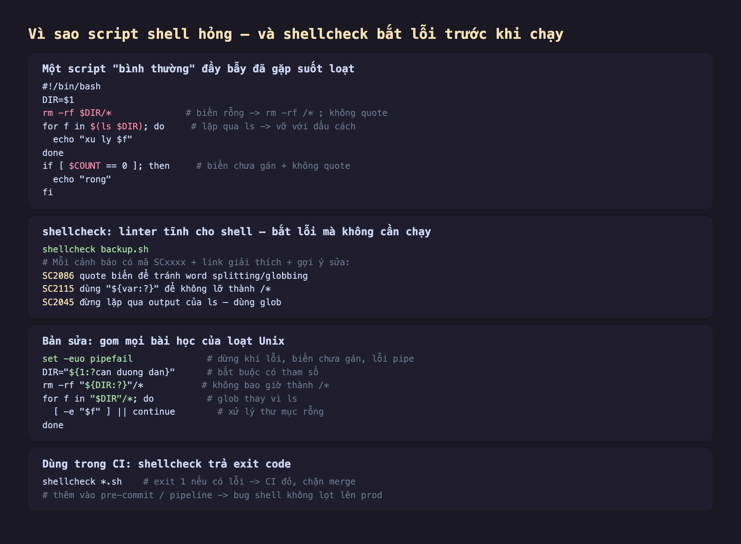 Ảnh chụp đoạn mã nền tối minh hoạ vì sao script shell hỏng và shellcheck bắt lỗi trước khi chạy, một script bình thường đầy bẫy DIR bằng đô 1 rm -rf đô DIR trên sao biến rỗng rm -rf trên sao không quote for f in đô ngoặc ls đô DIR lặp qua ls vỡ với dấu cách if ngoặc đô COUNT bằng bằng 0 biến chưa gán cộng không quote, shellcheck linter tĩnh cho shell bắt lỗi mà không cần chạy shellcheck backup.sh mỗi cảnh báo có mã SC kèm link giải thích cộng gợi ý sửa SC2086 quote biến để tránh word splitting globbing SC2115 dùng var hỏi để không lỡ thành trên sao SC2045 đừng lặp qua output của ls dùng glob, bản sửa gom mọi bài học của loạt Unix set -euo pipefail dừng khi lỗi biến chưa gán lỗi pipe DIR bằng đô 1 hỏi can duong dan bắt buộc có tham số rm -rf đô DIR hỏi trên sao không bao giờ thành trên sao for f in đô DIR trên sao glob thay vì ls ngoặc -e đô f hoặc hoặc continue xử lý thư mục rỗng, dùng trong CI shellcheck trả exit code shellcheck sao sh exit 1 nếu có lỗi CI đỏ chặn merge thêm vào pre-commit pipeline bug shell không lọt lên prod