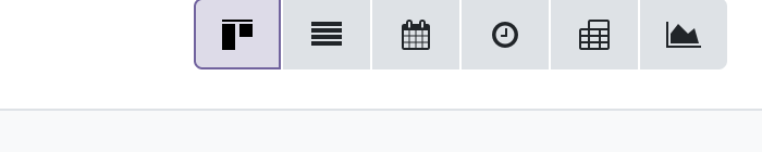 Ảnh chụp giao diện Odoo thật, dãy nút chuyển view ở góc trên phải gồm sáu biểu tượng: kanban đang được chọn tô nền tím nhạt, rồi list, calendar, activity đồng hồ, pivot dạng lưới, graph biểu đồ