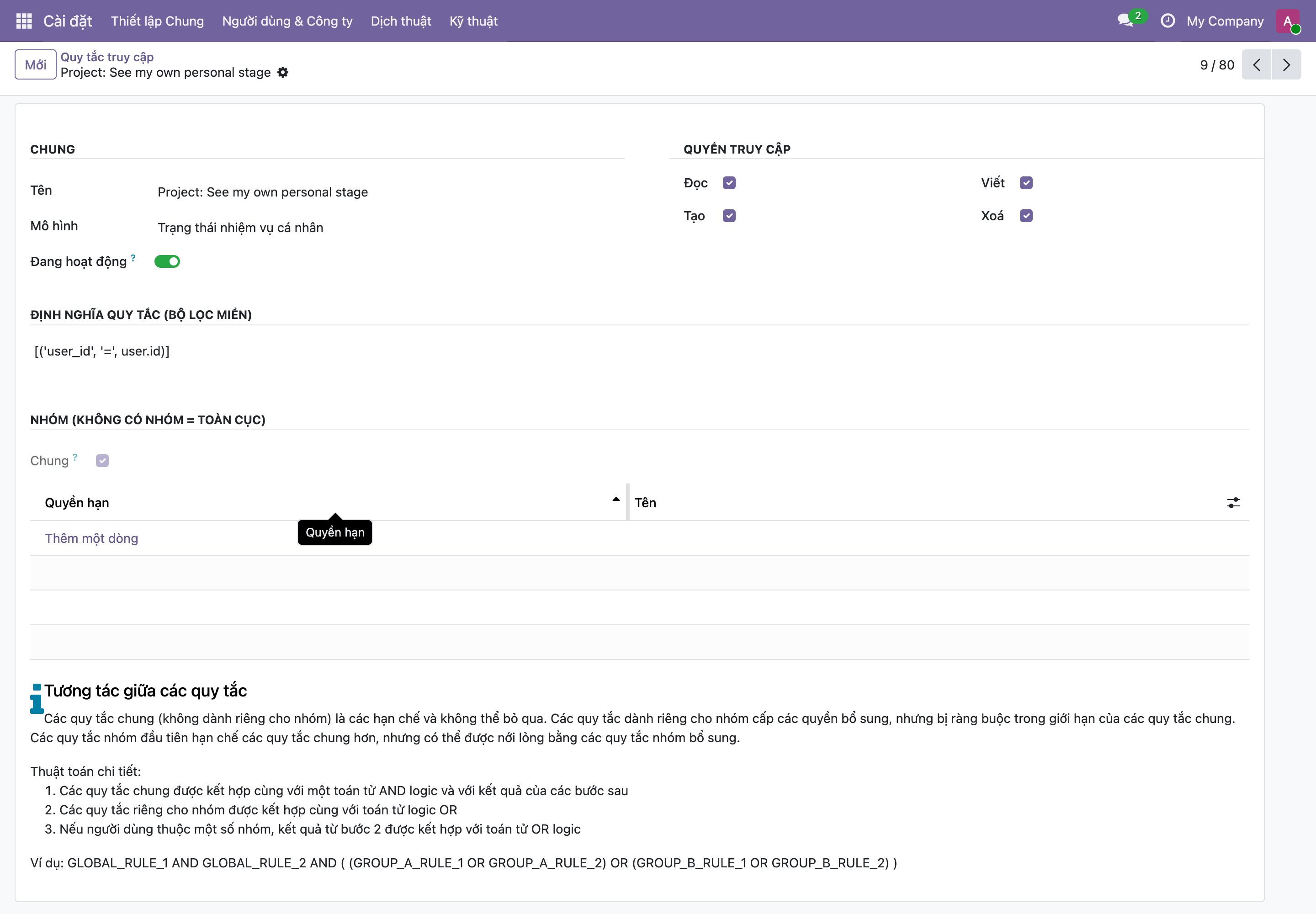 Biểu mẫu một Record Rule tên Project See my own personal stage, miền lọc user_id bằng user.id, các ô Đọc Viết Tạo Xoá được tick