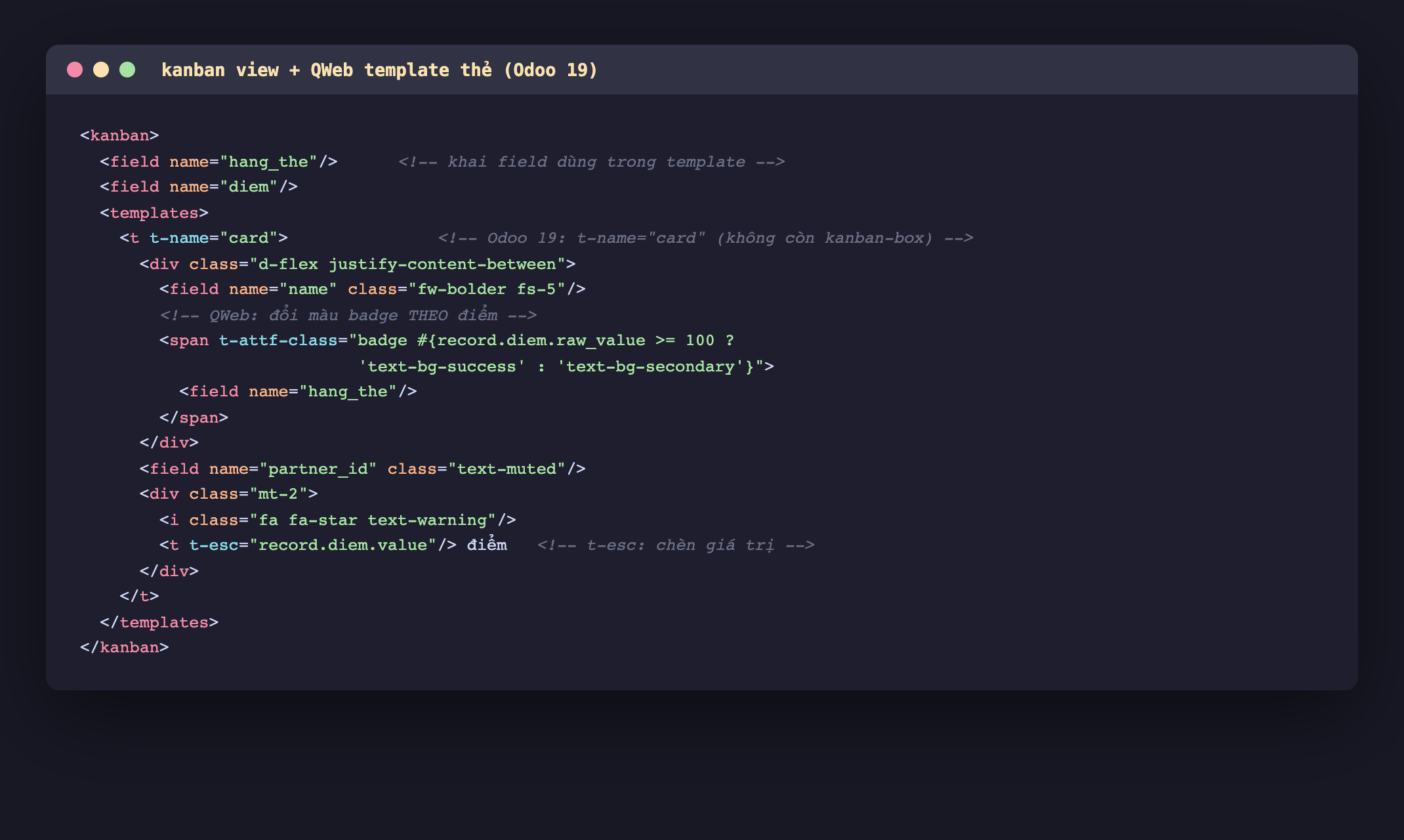 Ảnh chụp mã XML nền tối định nghĩa kanban view Odoo 19, thẻ kanban khai hai field hang_the và diem rồi templates chứa một t có t-name bằng card, bên trong một div flex chứa field name in đậm cỡ lớn và một span dùng t-attf-class với biểu thức QWeb badge kèm điều kiện nếu record chấm diem chấm raw_value lớn hơn hoặc bằng 100 thì class text-bg-success màu xanh còn không thì text-bg-secondary màu xám bao field hang_the, tiếp theo field partner_id màu mờ, và một div có icon ngôi sao vàng cùng t-esc record chấm diem chấm value hiển thị số điểm