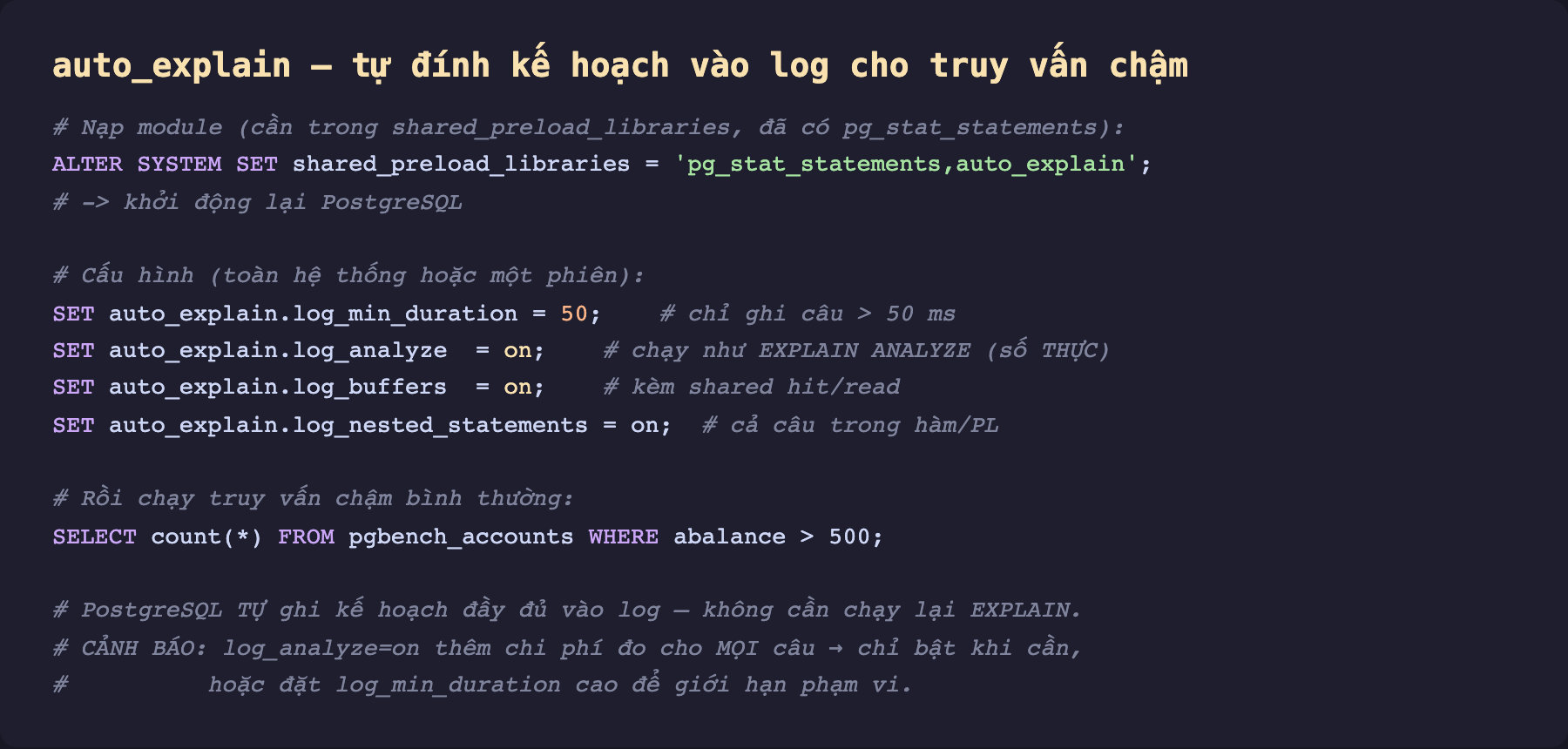 Ảnh chụp mã SQL nền tối bật và cấu hình auto_explain. Nạp module cần trong shared_preload_libraries đã có pg_stat_statements. ALTER SYSTEM SET shared_preload_libraries bằng pg_stat_statements phẩy auto_explain rồi khởi động lại PostgreSQL. Cấu hình toàn hệ thống hoặc một phiên. SET auto_explain.log_min_duration bằng 50 chỉ ghi câu lớn hơn 50 ms. SET auto_explain.log_analyze bằng on chạy như EXPLAIN ANALYZE số thực. SET auto_explain.log_buffers bằng on kèm shared hit read. SET auto_explain.log_nested_statements bằng on cả câu trong hàm hoặc PL. Rồi chạy truy vấn chậm bình thường SELECT count sao FROM pgbench_accounts WHERE abalance lớn hơn 500. PostgreSQL tự ghi kế hoạch đầy đủ vào log không cần chạy lại EXPLAIN. Cảnh báo log_analyze bằng on thêm chi phí đo cho mọi câu nên chỉ bật khi cần hoặc đặt log_min_duration cao để giới hạn phạm vi