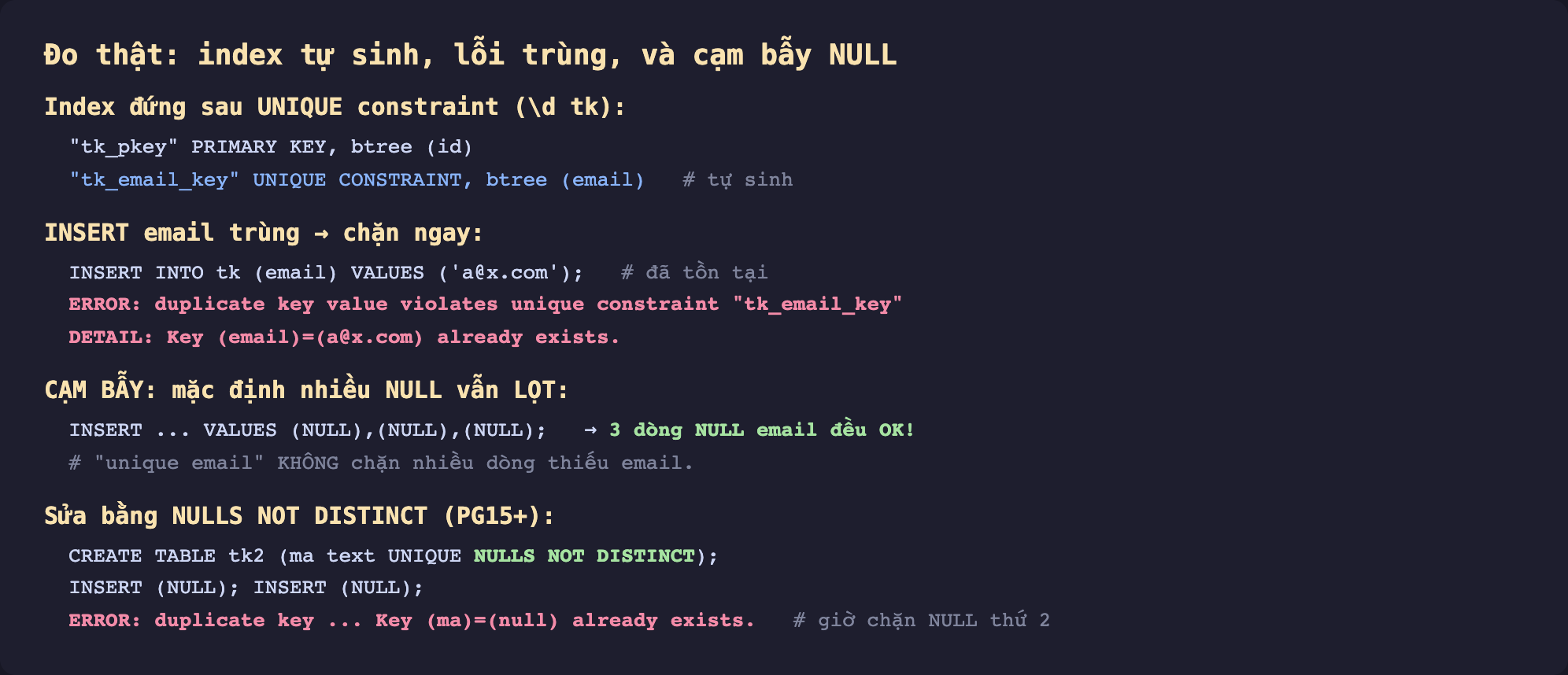 Ảnh chụp terminal psql nền tối đo thật ba điều, thứ nhất index tk_email_key kiểu UNIQUE CONSTRAINT btree trên email tự sinh sau lệnh backslash d, thứ hai lệnh INSERT email trùng trả về lỗi duplicate key value violates unique constraint tk_email_key kèm dòng DETAIL Key email bằng a còng x chấm com already exists, thứ ba chèn ba dòng NULL email đều được chấp nhận cho thấy mặc định nhiều NULL vẫn lọt, và thứ tư bảng tk2 khai NULLS NOT DISTINCT khiến NULL thứ hai bị chặn với lỗi Key ma bằng null already exists