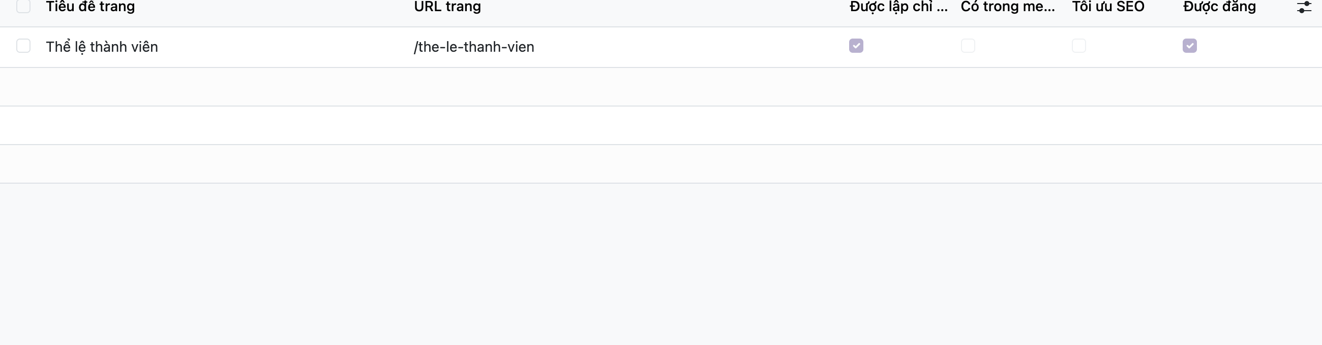 Ảnh chụp danh sách Trang trong khu quản trị Website của Odoo 19. Bảng có các cột Tiêu đề trang, URL trang, Được lập chỉ mục, Có trong menu, Tối ưu SEO, Được đăng. Một dòng hiện trang Thể lệ thành viên với URL gạch chéo the-le-thanh-vien, ô Được lập chỉ mục được tick, ô Được đăng được tick