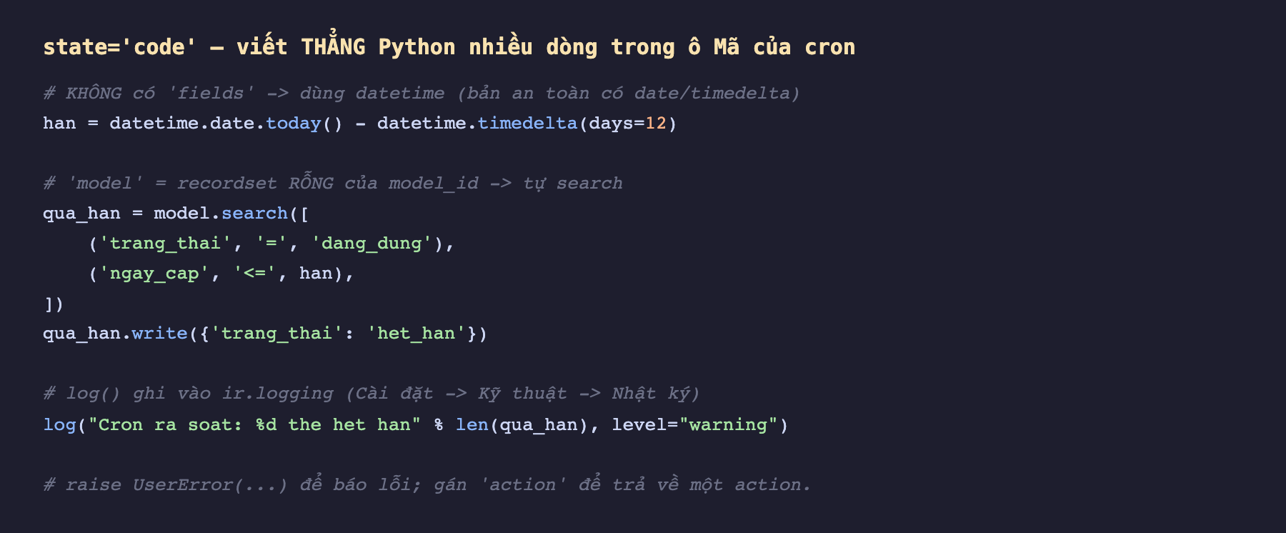 Ảnh chụp đoạn mã Python nền tối chạy trong ô Mã của cron, chú thích không có fields nên dùng datetime bản an toàn có date và timedelta, gán han bằng datetime date today trừ timedelta 12 ngày, chú thích model là recordset rỗng của model_id nên tự search, gán qua_han bằng model search theo trang_thai bằng dang_dung và ngay_cap nhỏ hơn hoặc bằng han, gọi qua_han write đặt trang_thai het_han, chú thích log ghi vào ir logging xem ở Cài đặt Kỹ thuật Nhật ký, gọi log với chuỗi Cron ra soat phần trăm d the het han và level warning, và chú thích raise UserError để báo lỗi gán action để trả về một action