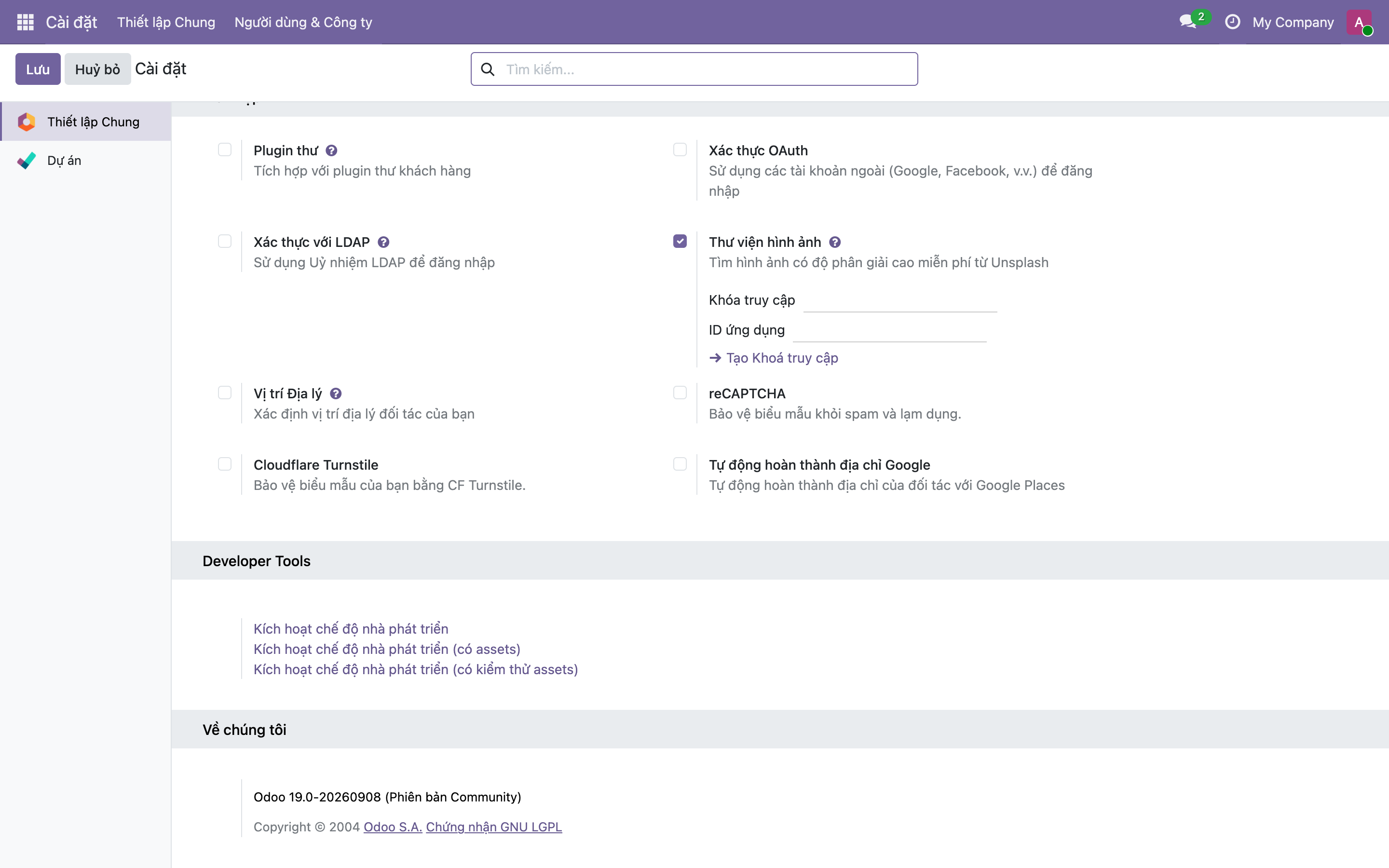 Mục Developer Tools trong Cài đặt Odoo với các link Kích hoạt chế độ nhà phát triển, và dòng phiên bản Odoo 19.0 Community