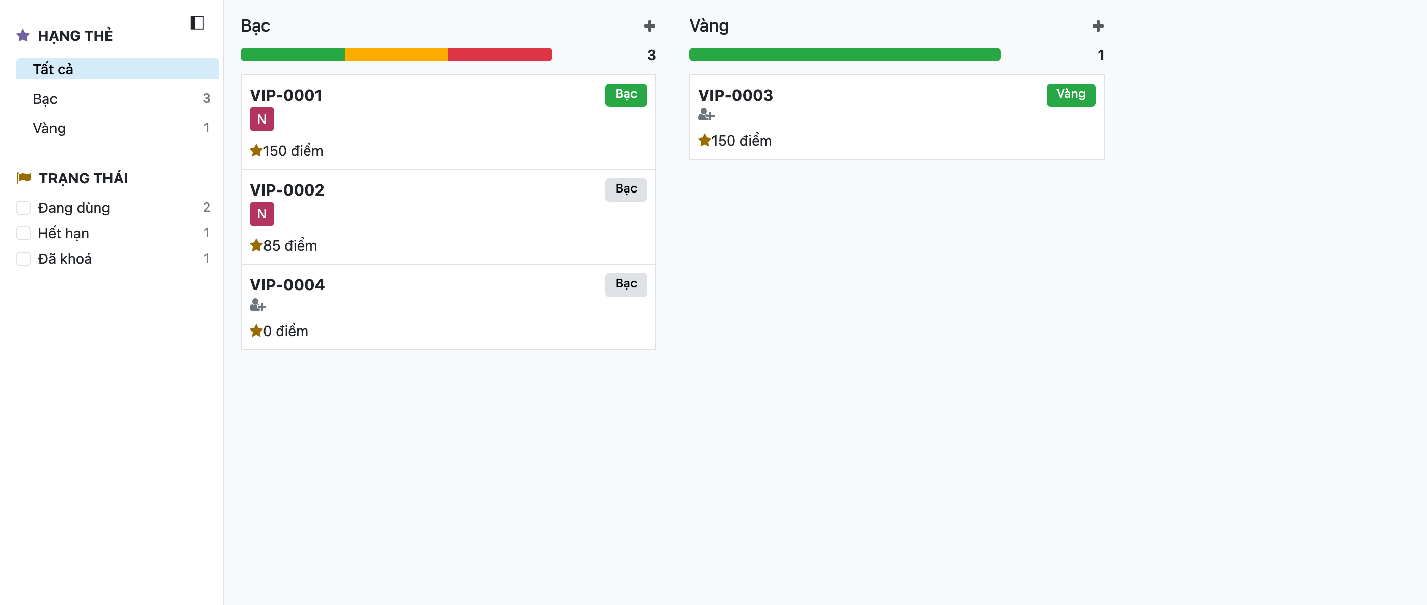 Ảnh chụp thật bảng kanban thẻ thành viên Odoo 19 nhóm theo hạng thẻ. Thẻ VIP-0001 và VIP-0002 có chủ thẻ Nguyễn Văn An hiển thị một avatar hình tròn màu hồng với chữ N ở giữa vì chủ thẻ chưa có ảnh. Thẻ VIP-0003 và VIP-0004 chưa gán chủ thẻ nên hiển thị một biểu tượng người kèm dấu cộng màu xám làm chỗ trống. Bên phải mỗi thẻ có huy hiệu hạng Bạc hoặc Vàng, dưới có dòng điểm kèm ngôi sao