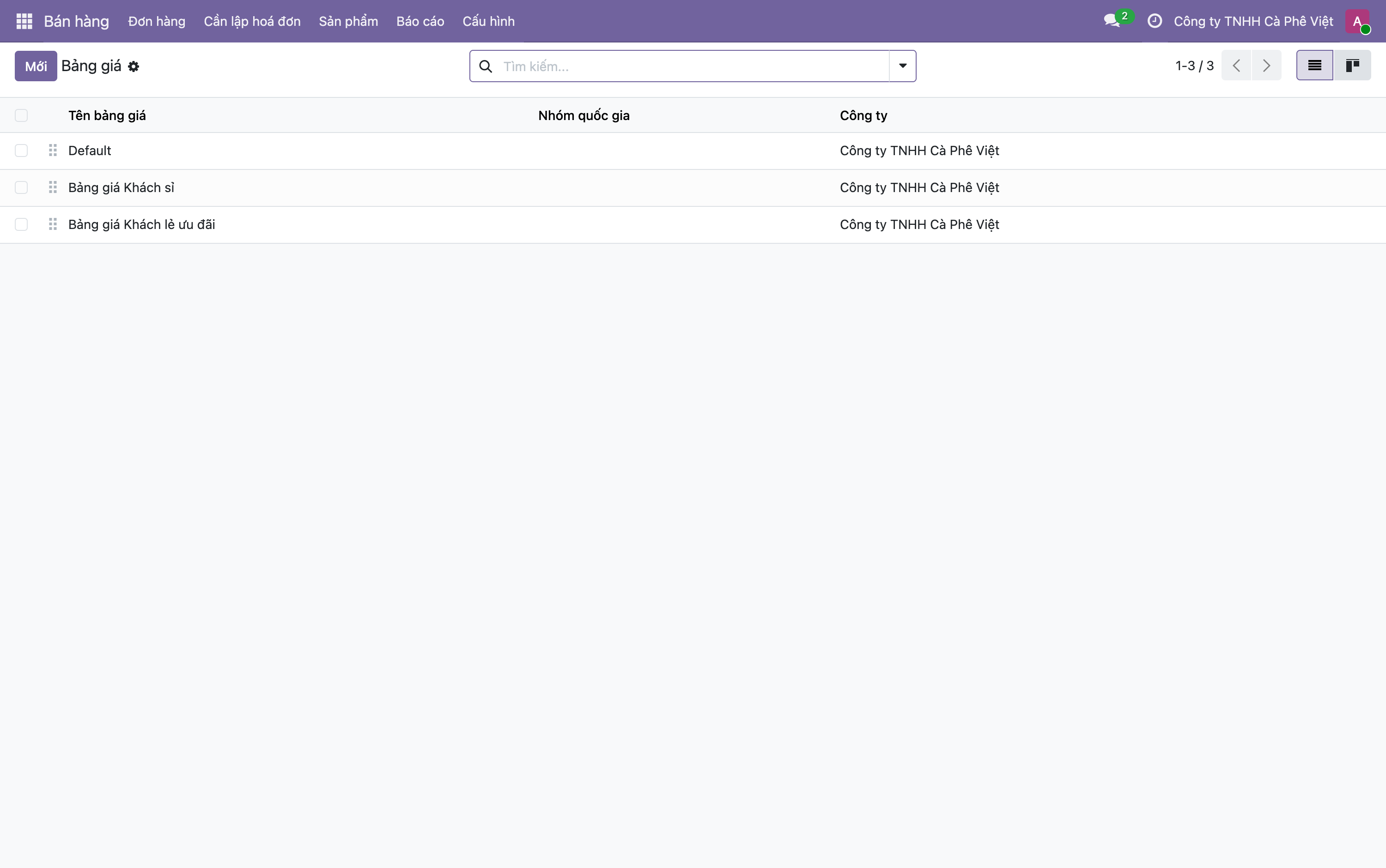 Danh sách Bảng giá trong Odoo với ba dòng Default, Bảng giá Khách sỉ, Bảng giá Khách lẻ ưu đãi, đều thuộc Công ty TNHH Cà Phê Việt