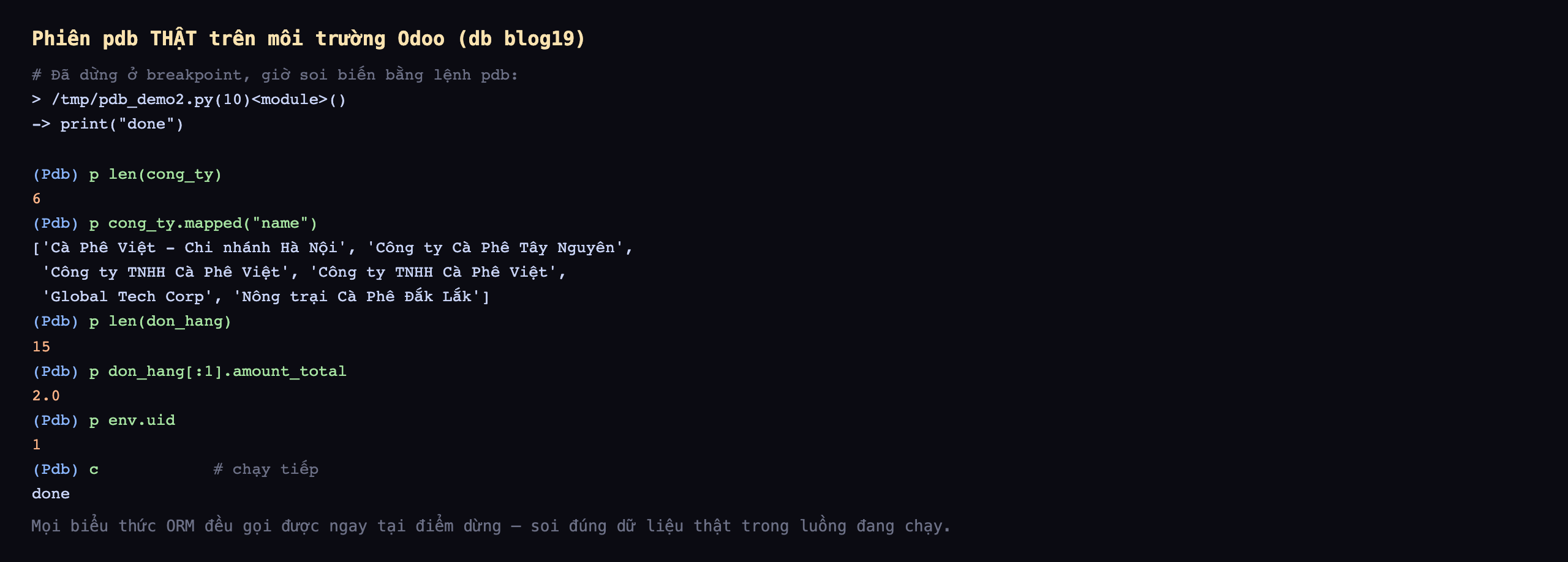 Phiên pdb thật trên môi trường Odoo database blog19: chương trình đã dừng ở breakpoint tại dòng print done; tại dấu nhắc Pdb gõ p len cong_ty trả về 6; gõ p cong_ty.mapped name trả về danh sách sáu tên gồm Cà Phê Việt Chi nhánh Hà Nội, Công ty Cà Phê Tây Nguyên, hai Công ty TNHH Cà Phê Việt, Global Tech Corp, Nông trại Cà Phê Đắk Lắk; gõ p len don_hang trả về 15; gõ p don_hang giới hạn một phần tử chấm amount_total trả về 2.0; gõ p env.uid trả về 1; gõ c để chạy tiếp và in ra done