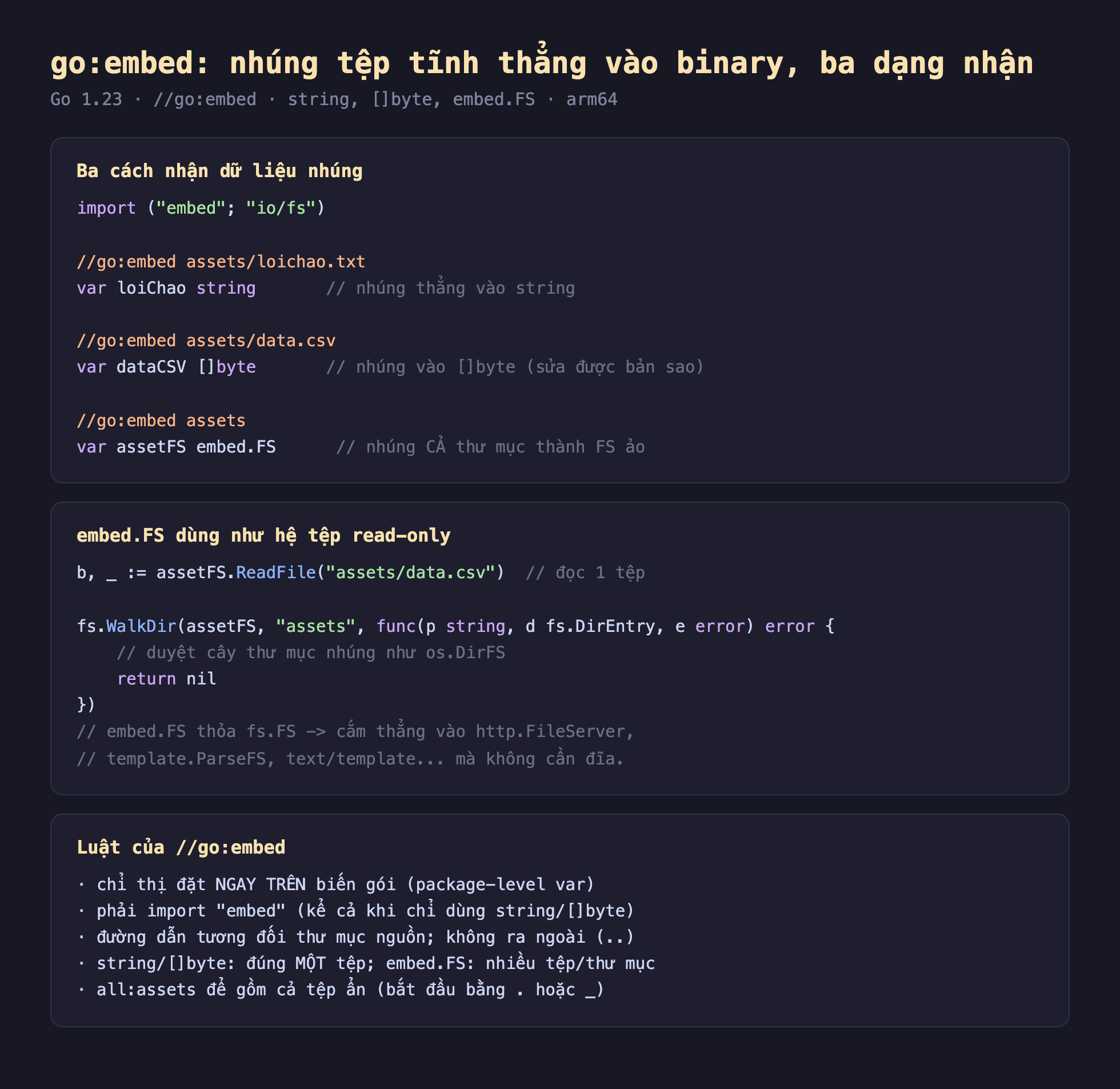 Ảnh chụp đoạn mã Go nền tối minh hoạ go embed nhúng tệp tĩnh thẳng vào binary ba dạng nhận, import embed và io fs, chỉ thị go embed assets loichao txt var loiChao string nhúng thẳng vào string, go embed assets data csv var dataCSV byte nhúng vào byte sửa được bản sao, go embed assets var assetFS embed FS nhúng cả thư mục thành FS ảo, embed FS dùng như hệ tệp read only b bằng assetFS ReadFile assets data csv đọc một tệp, fs WalkDir assetFS assets duyệt cây thư mục nhúng như os DirFS, embed FS thỏa fs FS cắm thẳng vào http FileServer template ParseFS text template mà không cần đĩa, luật của go embed chỉ thị đặt ngay trên biến gói package level var phải import embed kể cả khi chỉ dùng string hoặc byte đường dẫn tương đối thư mục nguồn không ra ngoài string byte đúng một tệp embed FS nhiều tệp hoặc thư mục all assets để gồm cả tệp ẩn bắt đầu bằng chấm hoặc gạch dưới
