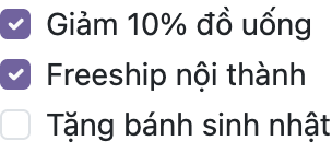Ảnh chụp giao diện Odoo thật hiển thị ba ô tick xếp dọc, hai ô đầu Giảm 10 phần trăm đồ uống và Freeship nội thành được tích chọn màu tím, ô thứ ba Tặng bánh sinh nhật để trống chưa chọn